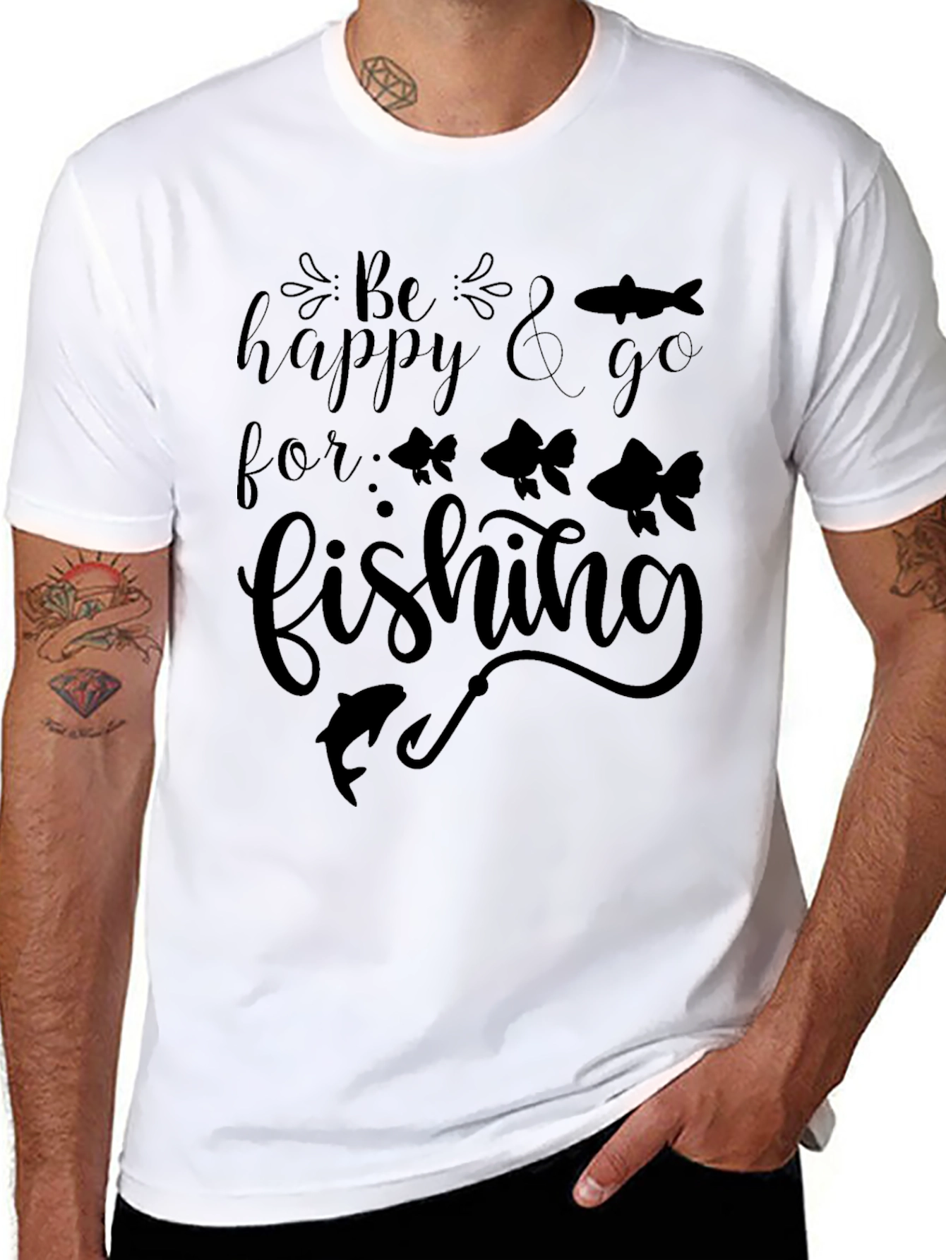 Be Happy & Go Fishing Graphic Tee - Men's Black Cotton T-Shirt - 8