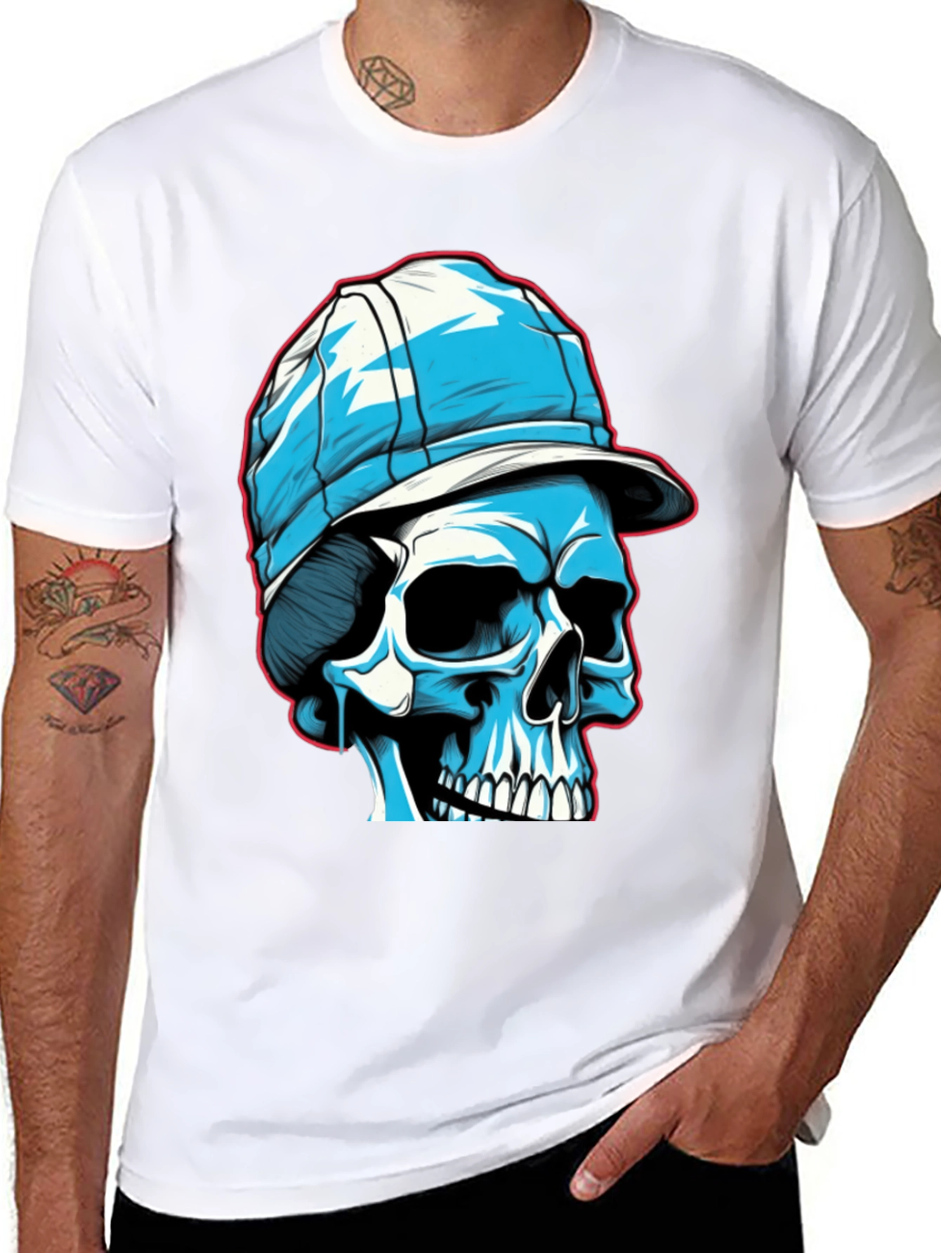 Black Skull in Cap Graphic Tee - Black Cotton Blend view 8