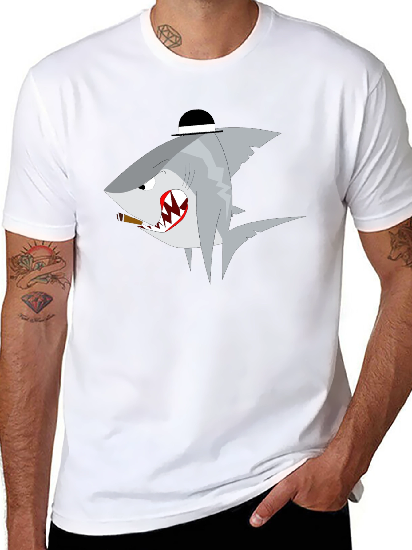 Black Shark with Hat Graphic T-Shirt - Novelty Tee view 8
