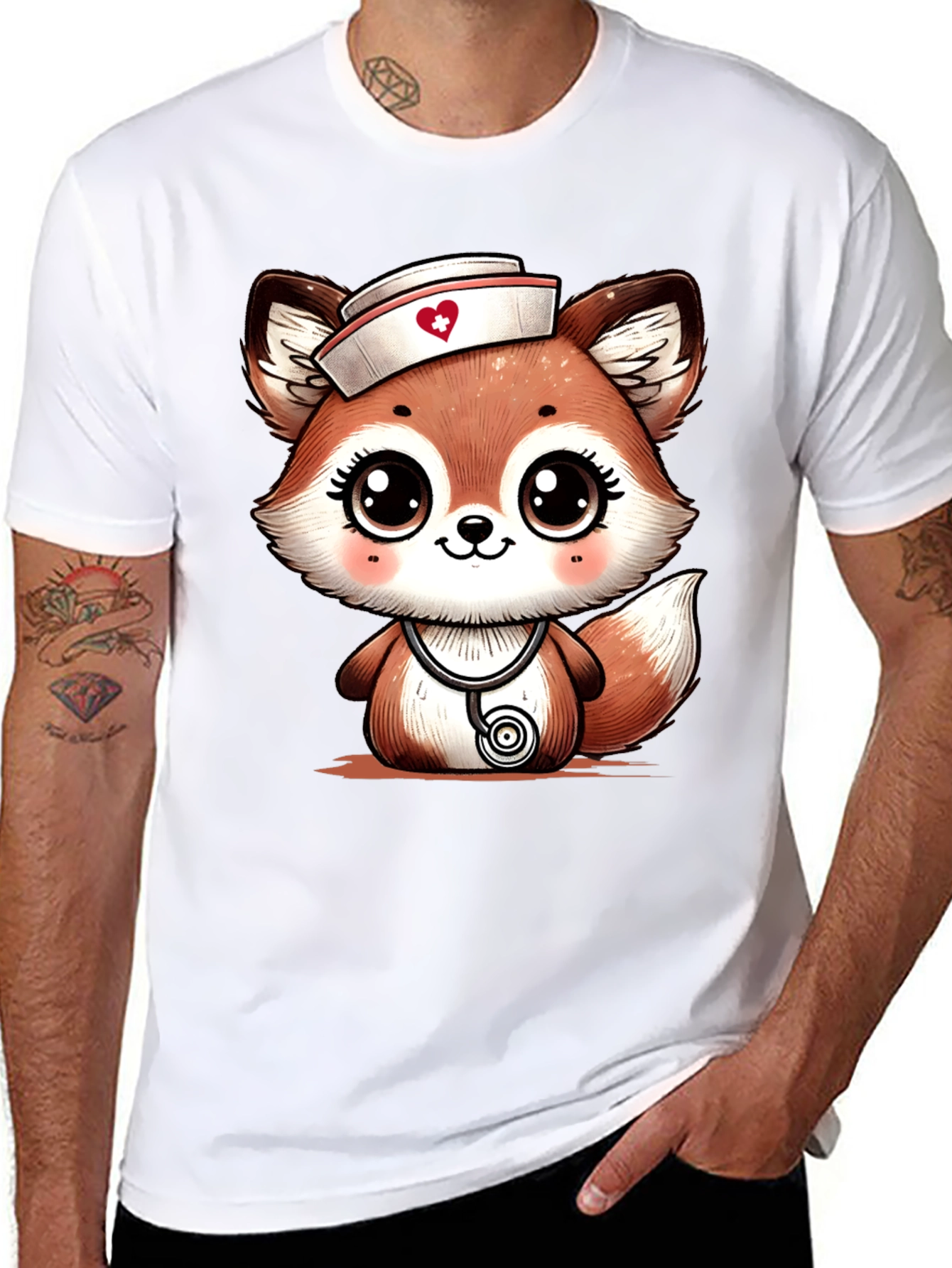 Black Cute Fox Nurse T-Shirt - Cartoon Animal Tee view 8