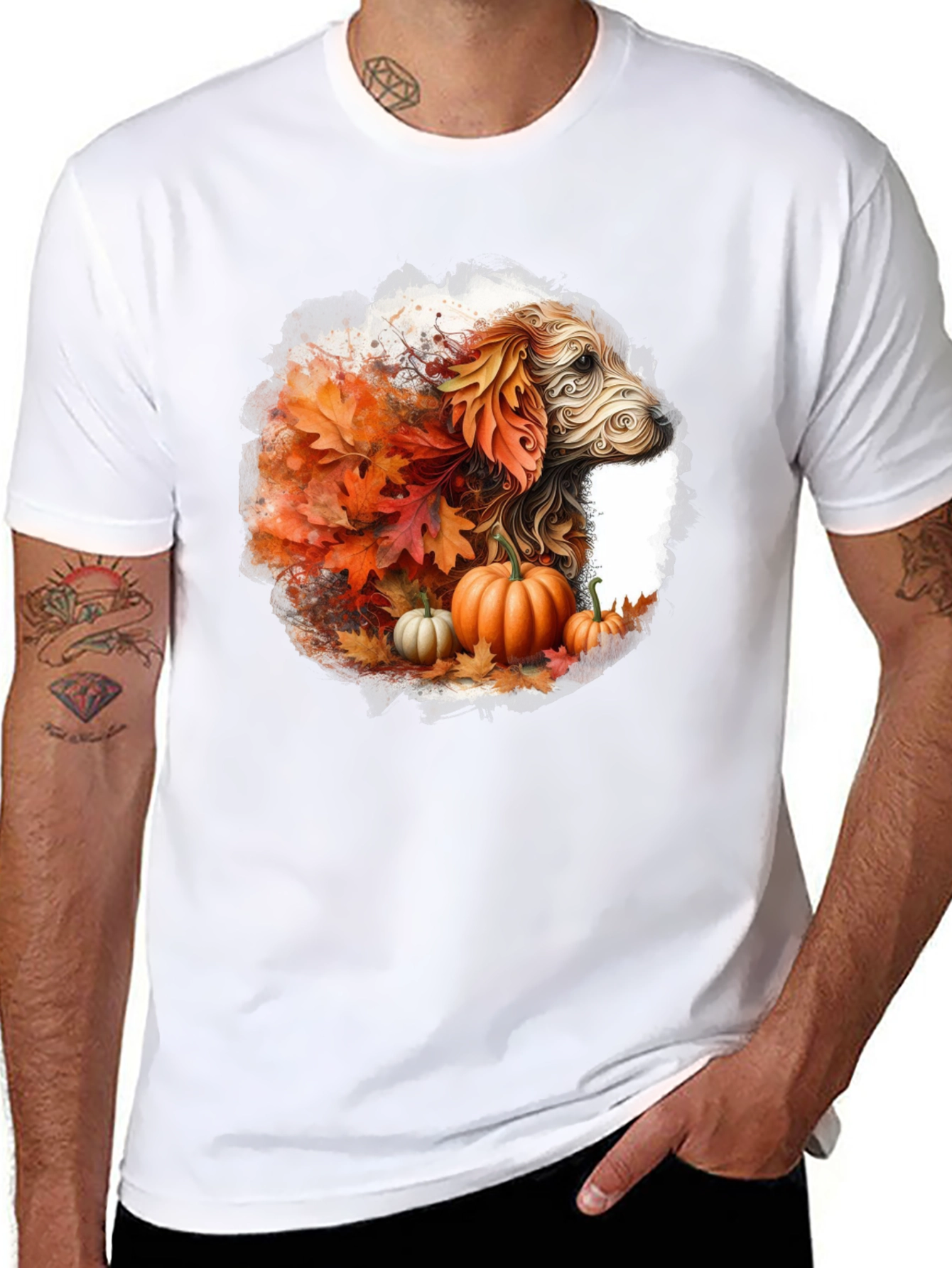 Black Fall Dog T-Shirt: Autumn Leaves & Pumpkin Design view 8