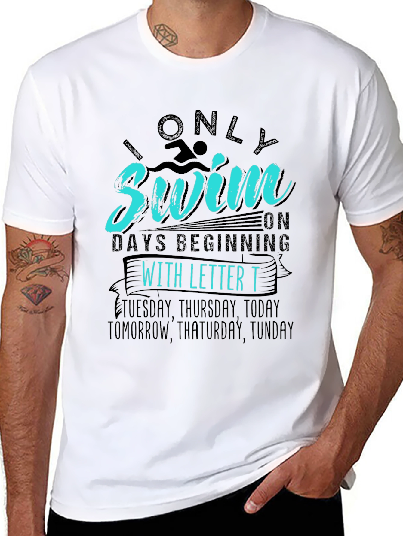 Black Funny Swimming T-Shirt - "Only Swim on Days Beginning With T" view 8