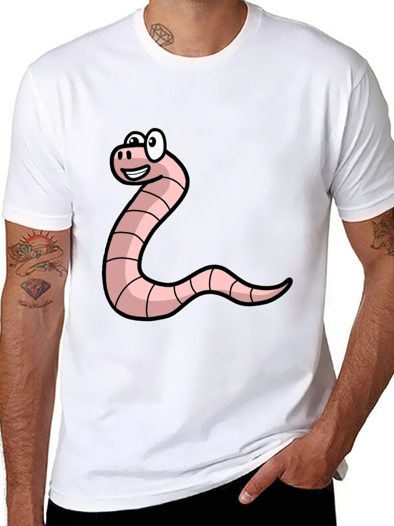 Black Funny Worm Cartoon Graphic Tee - Black Unisex T-Shirt view 8