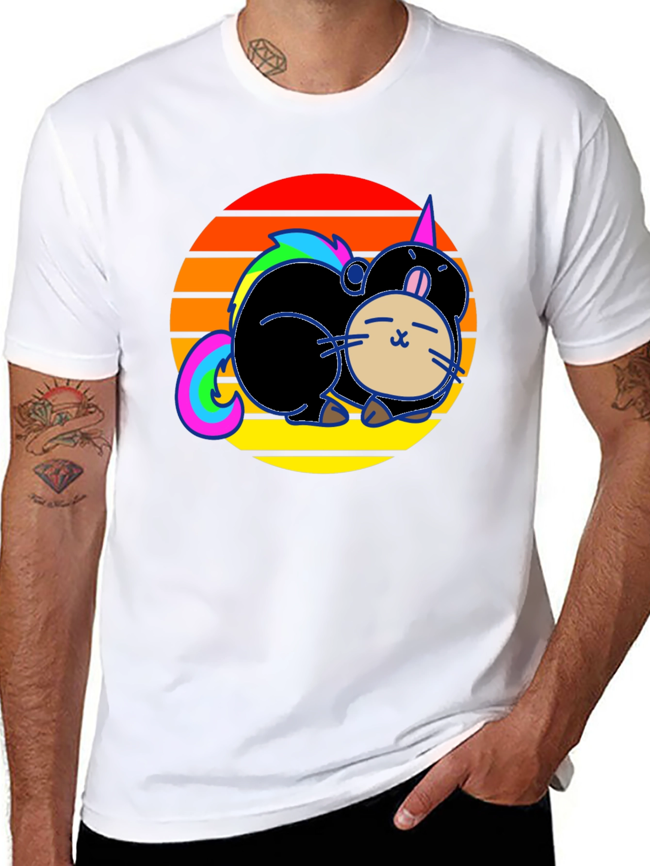 Black Cute Cartoon Unicorn Cat Sunset Graphic T-Shirt view 8