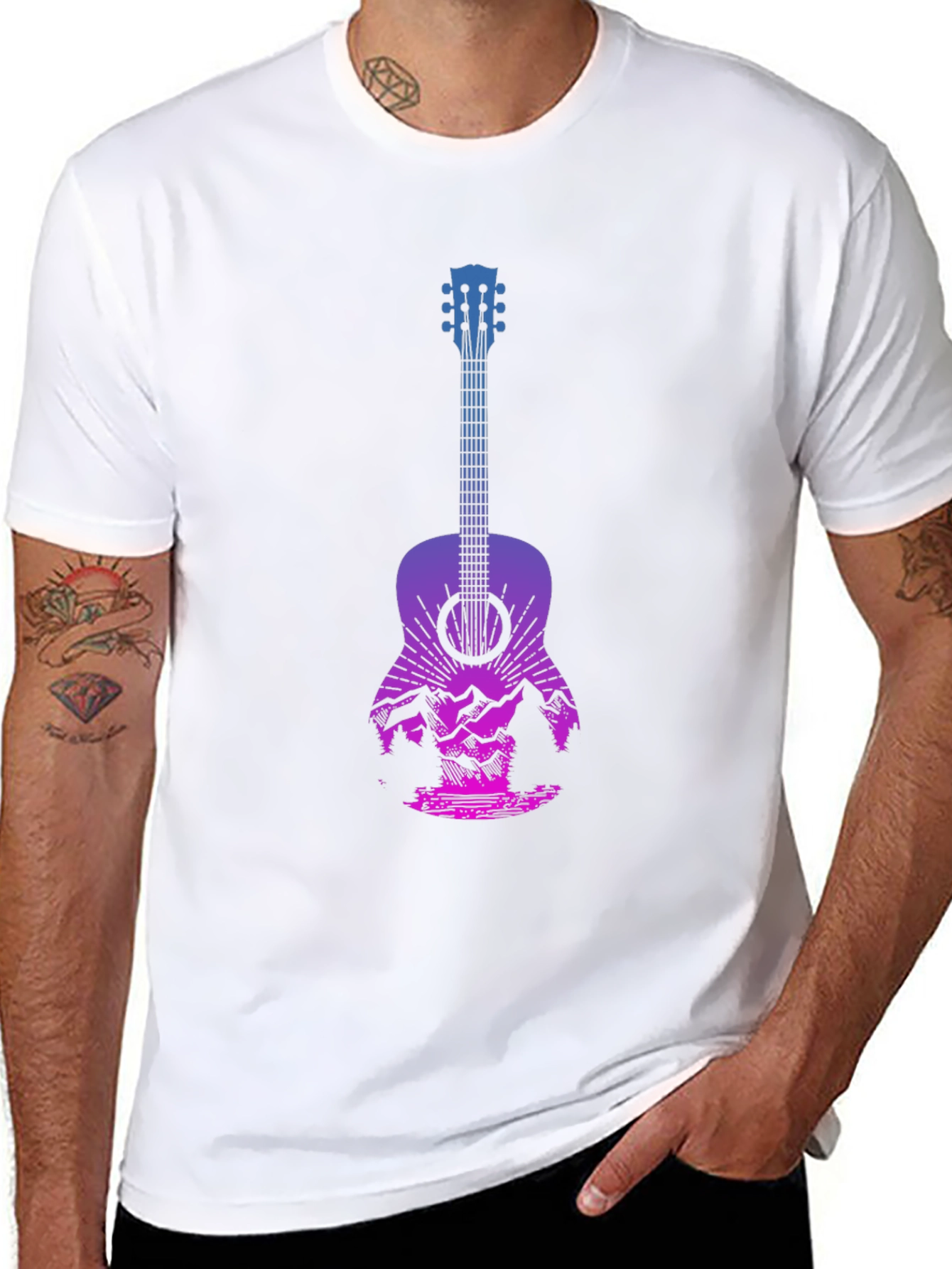 Black Guitar Landscape Graphic Tee - Mountain Sunset Design view 8