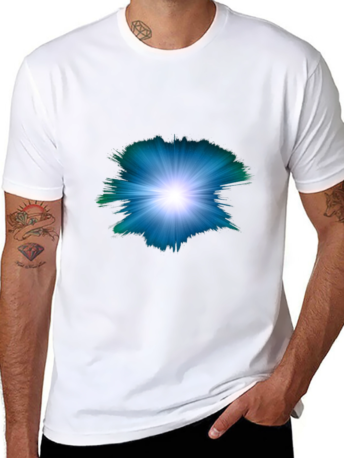 Black Men's Black T-shirt with Abstract Light Burst Design view 8