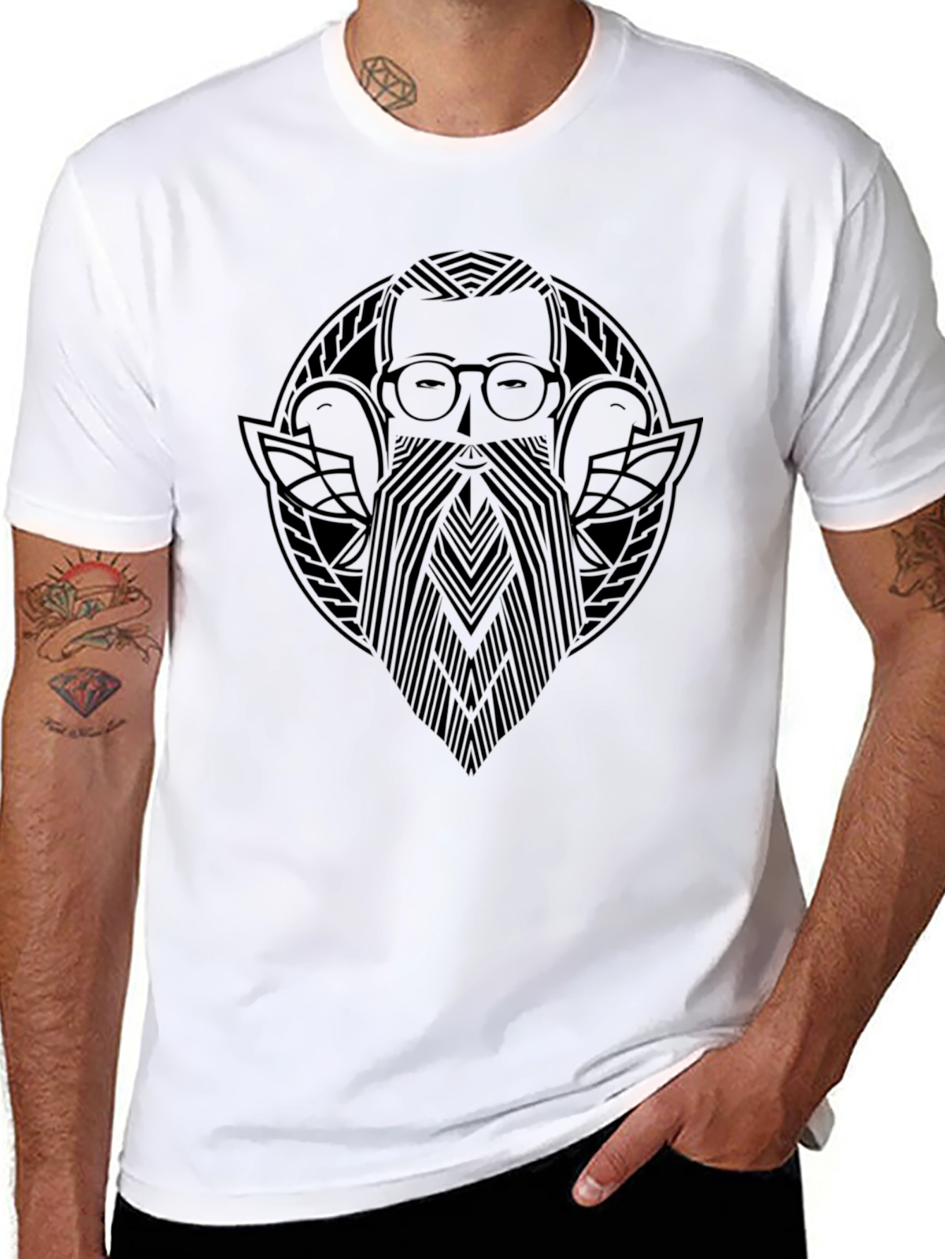 Black Men's Black Graphic T-Shirt - Bearded Man Design view 8