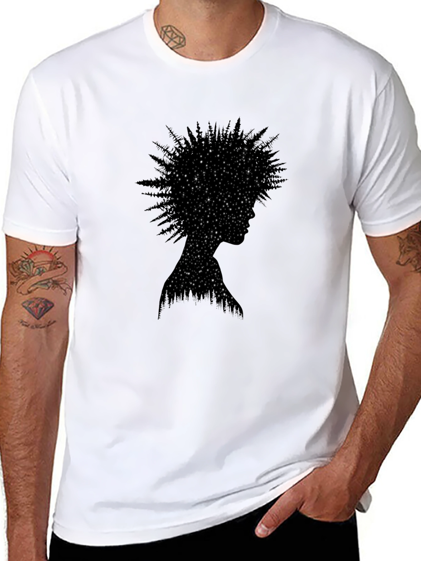 Black Starry Night Forest Silhouette Tee view 8