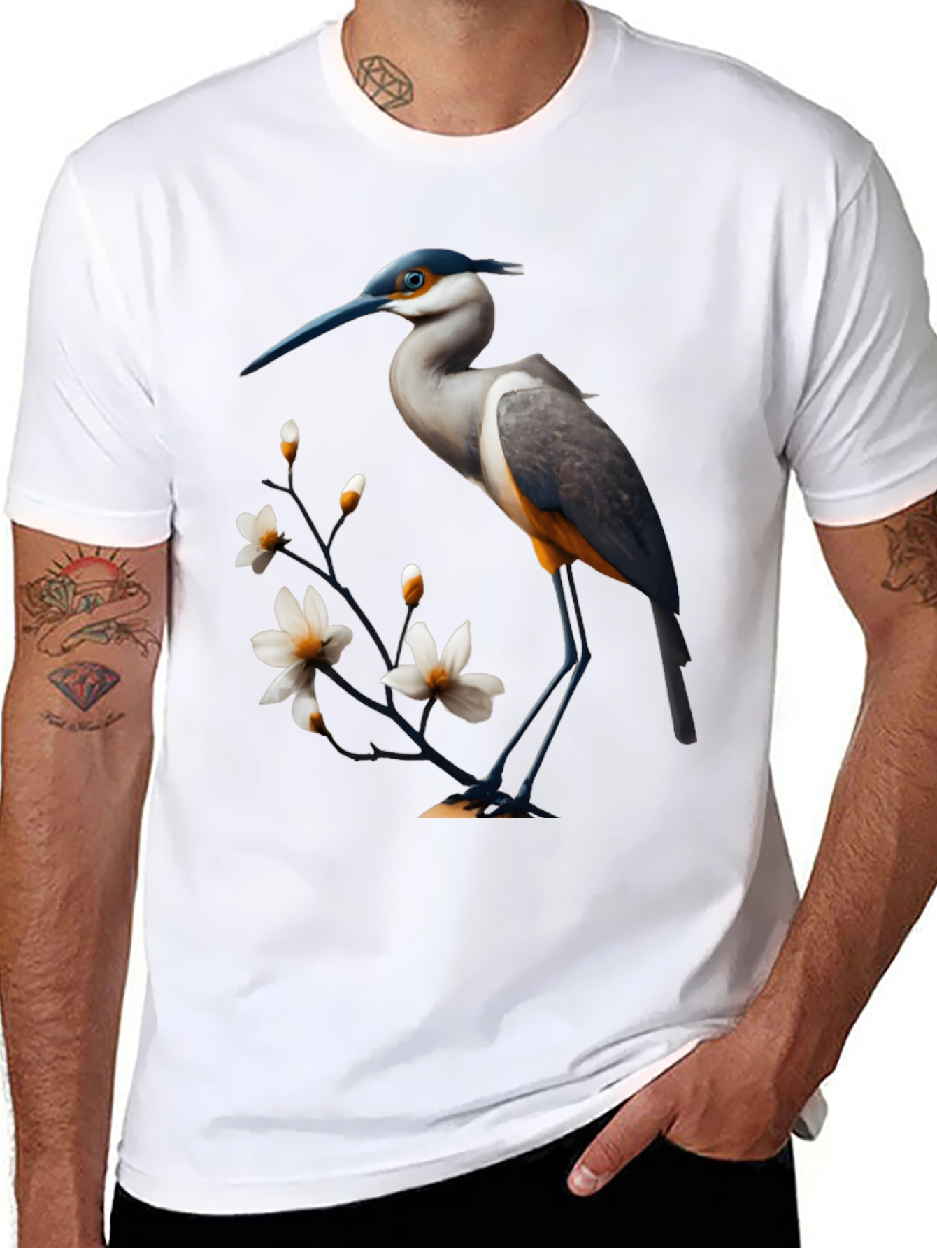 Black Heron & Blossom Graphic Tee - Stylish Bird Design view 8