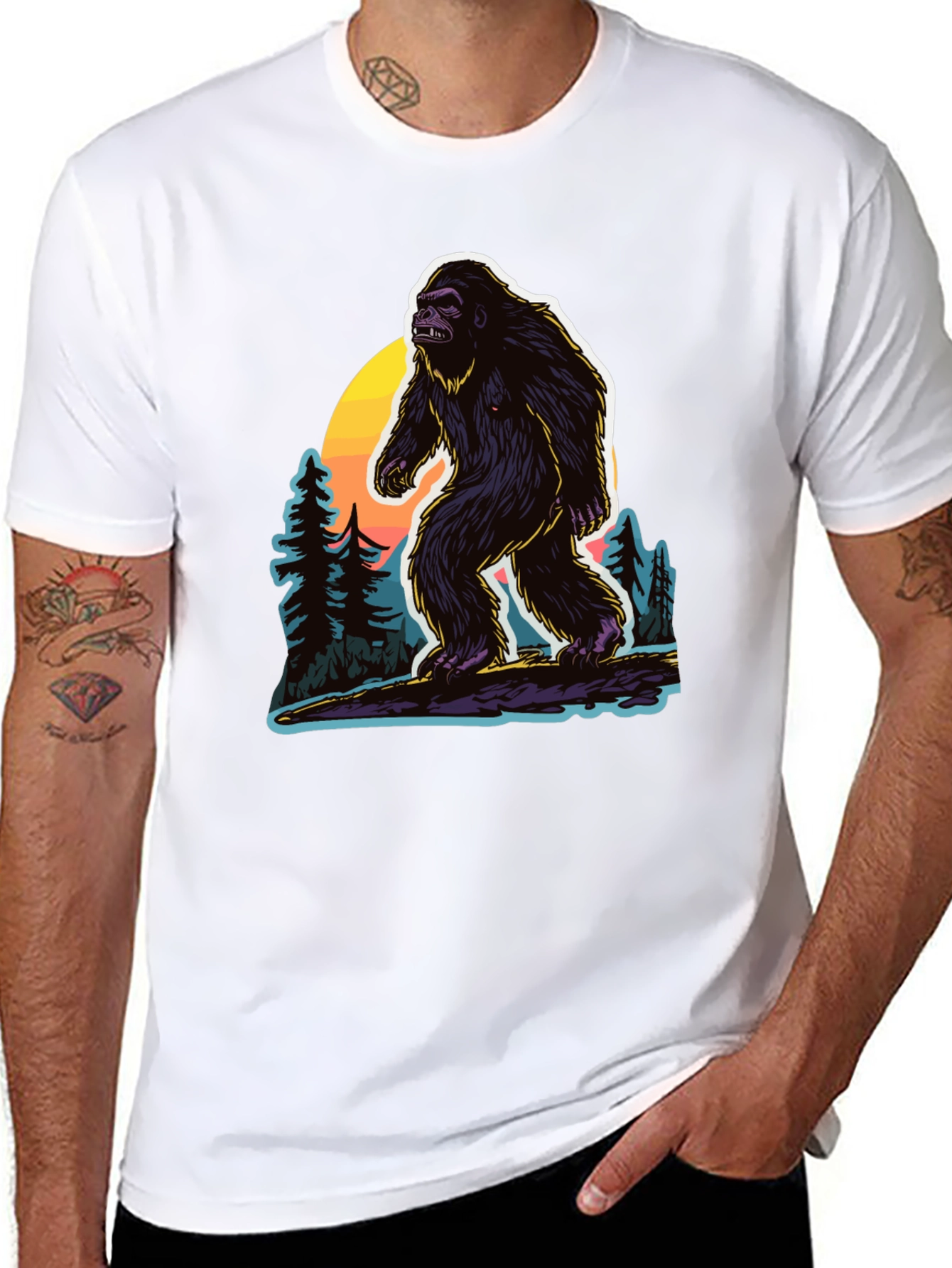 Black Bigfoot Sunset Tee - Cryptid Adventure Shirt view 8