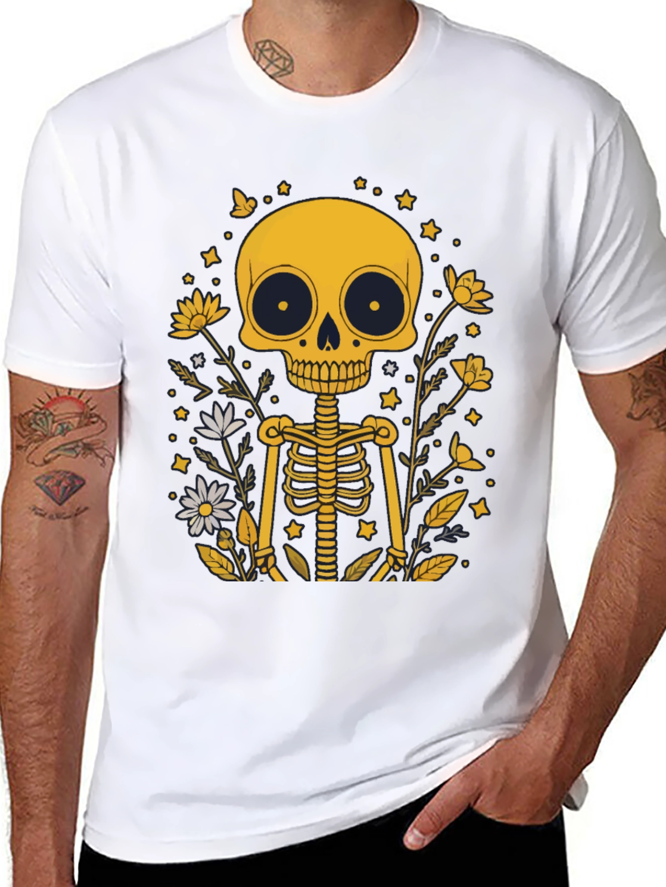 Black Skeleton Floral Graphic Tee - Black Unisex T-Shirt view 8