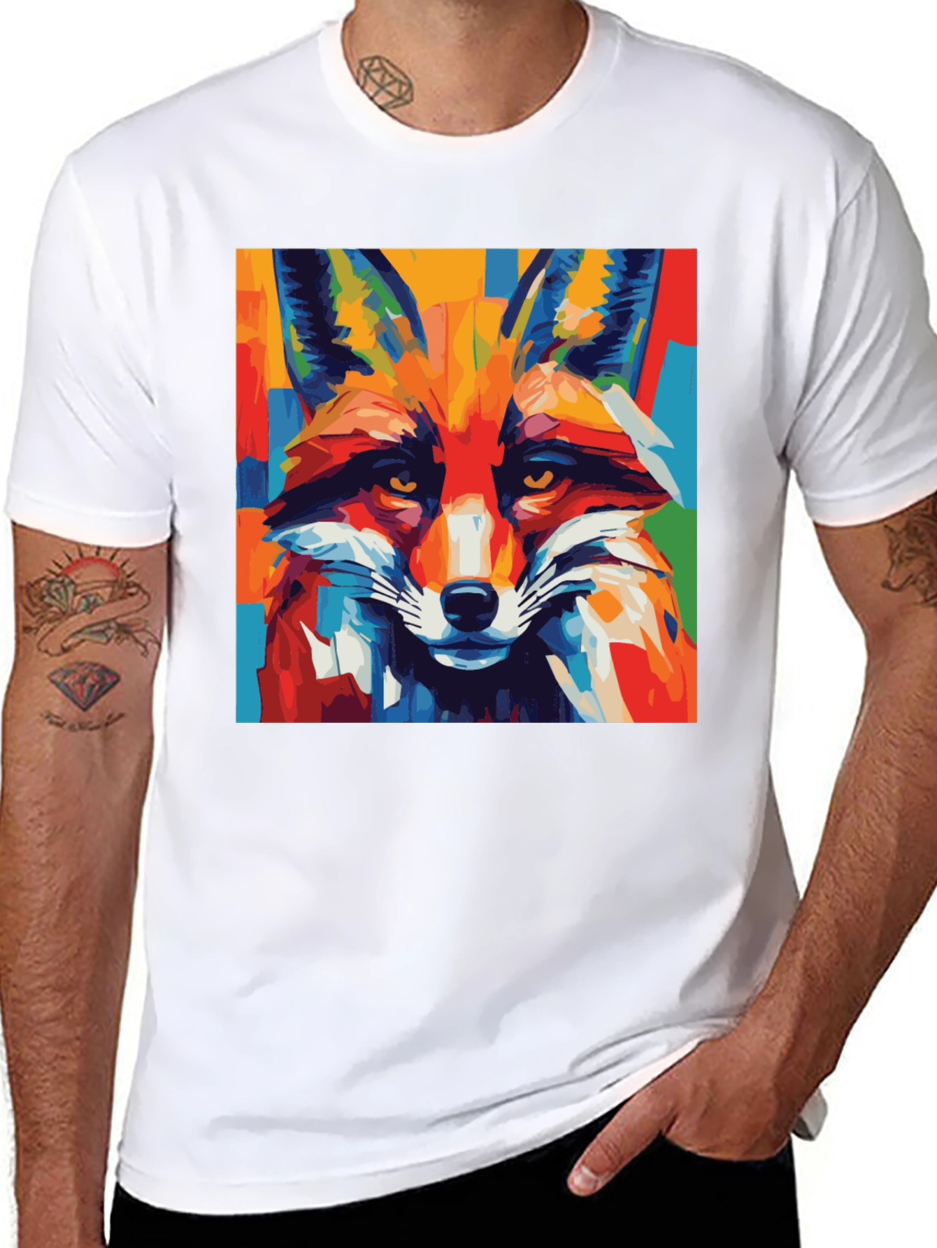 Black Abstract Fox Graphic Tee - Bold Animal Print Shirt view 8