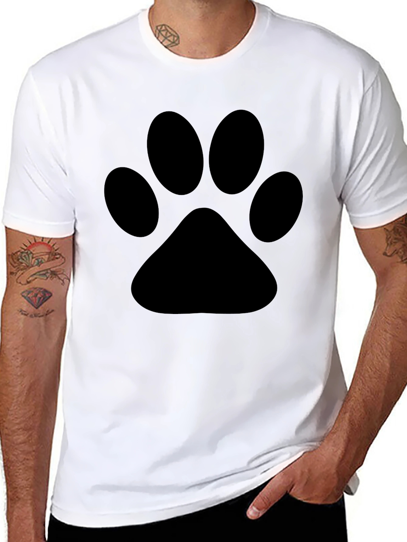Black Men's Black T-Shirt with Paw Print Design view 8