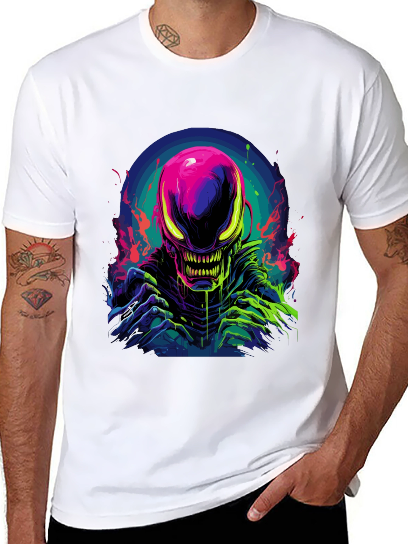 Black Neon Alien Graphic Black T-Shirt view 8