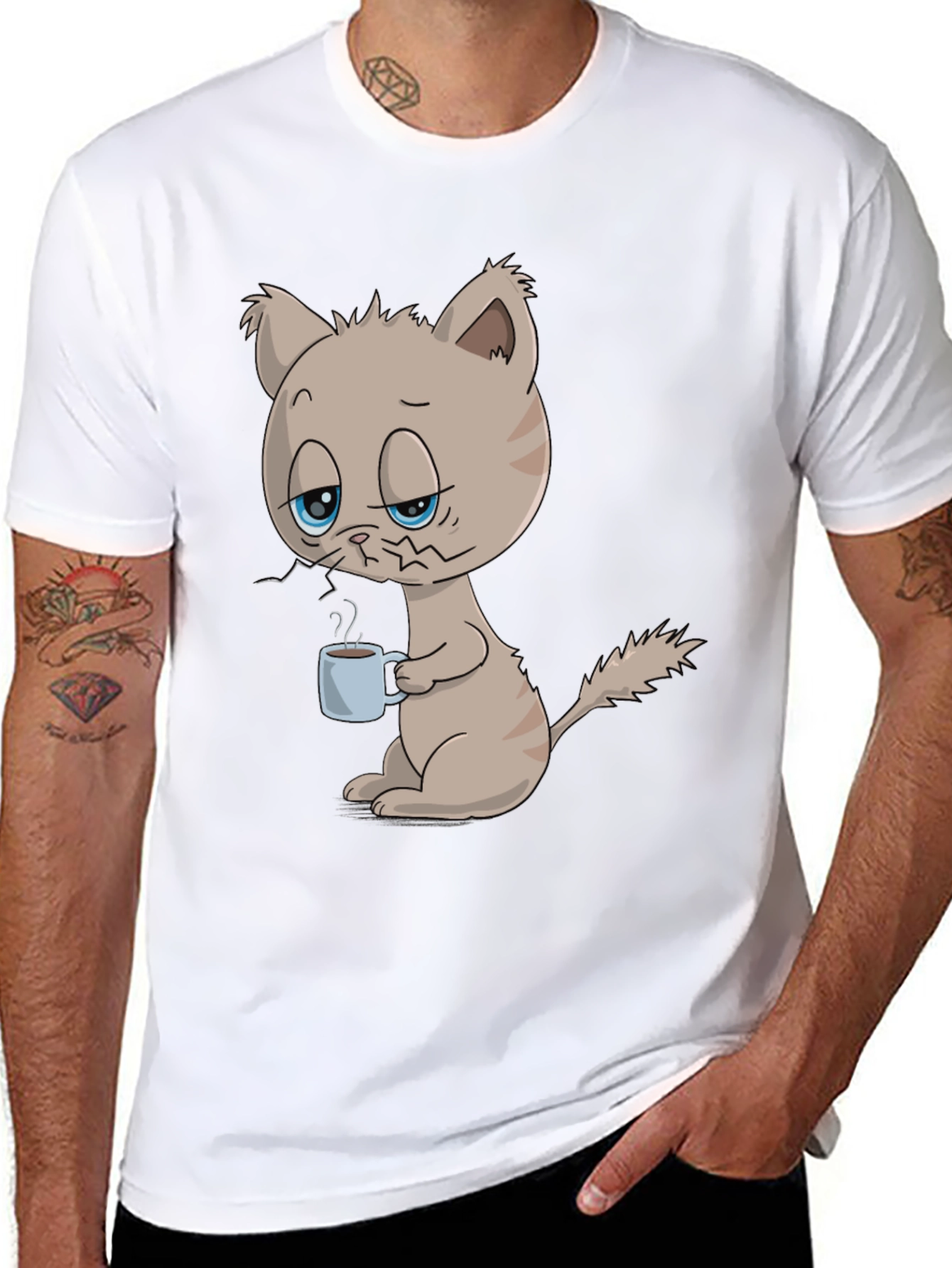 Black Funny Cat with Coffee Graphic T-Shirt - Unisex view 8