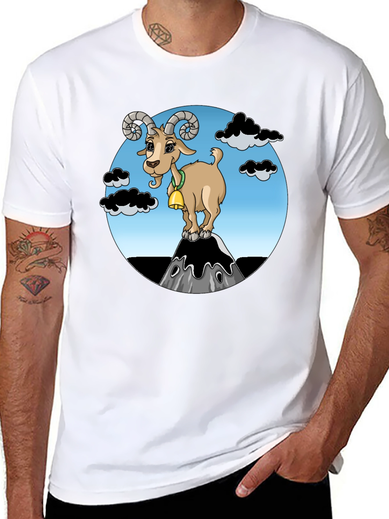 Black Cartoon Goat on Mountain Graphic T-Shirt view 8