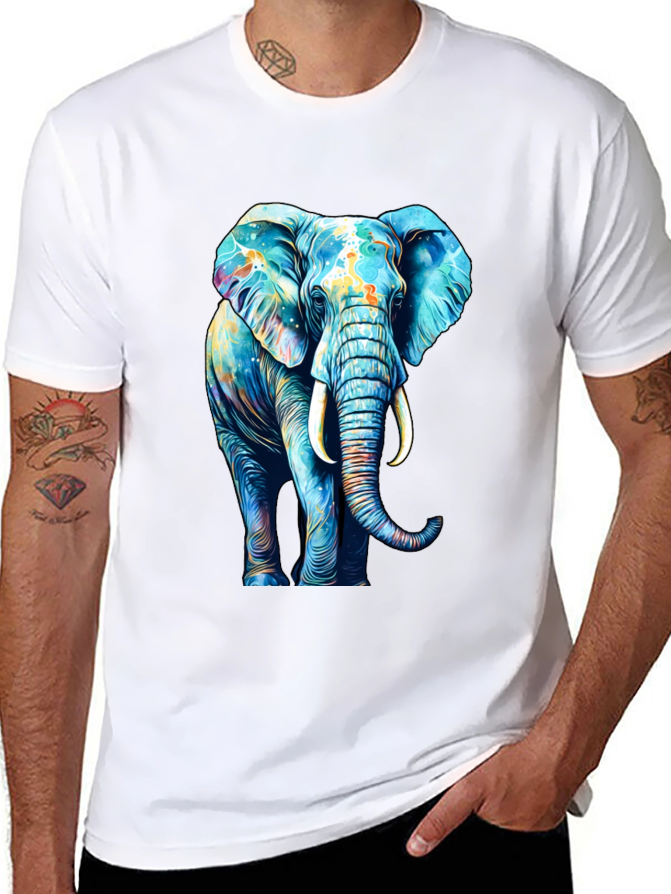 Black Vibrant Elephant Graphic Print Black T-Shirt view 8