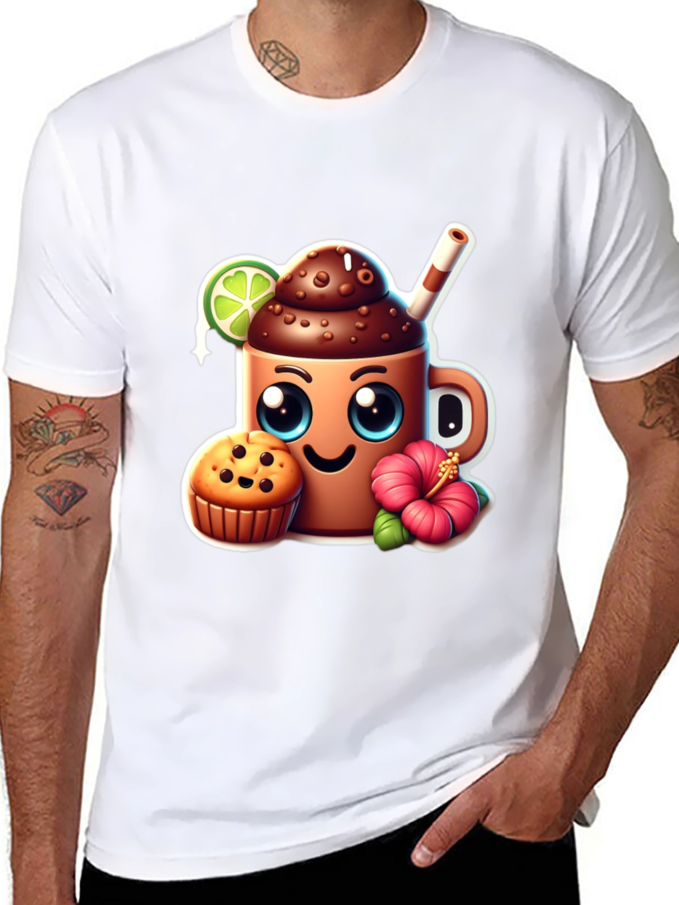 Black Fun Graphic Tee: Kawaii Coffee & Muffin view 8