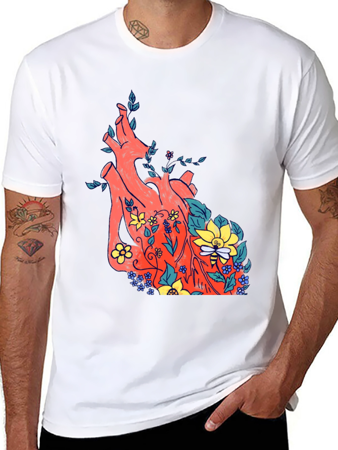 Black Floral Heart Print Black T-Shirt view 8