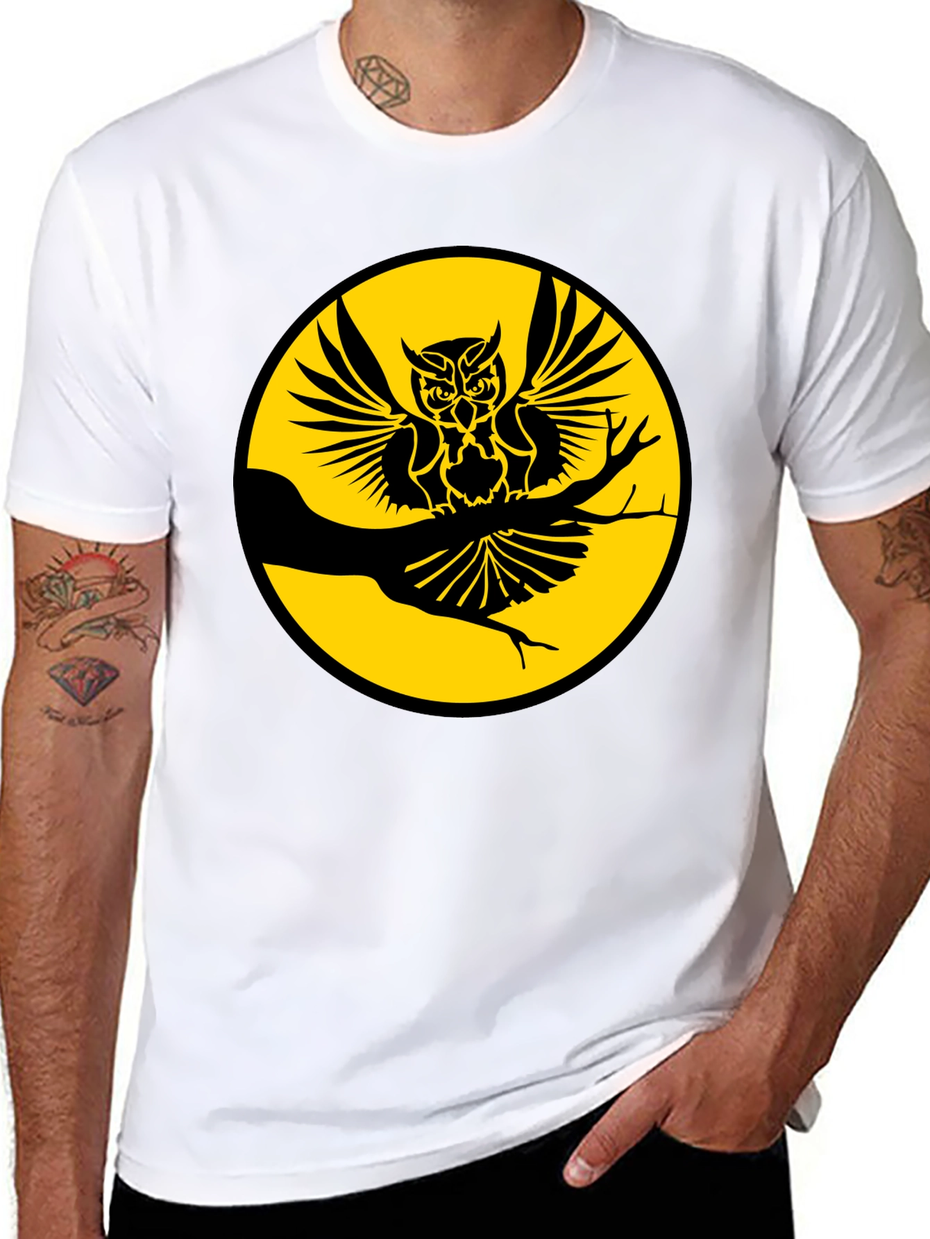 Black Owl on Branch Graphic Tee - Men's Black T-Shirt view 8