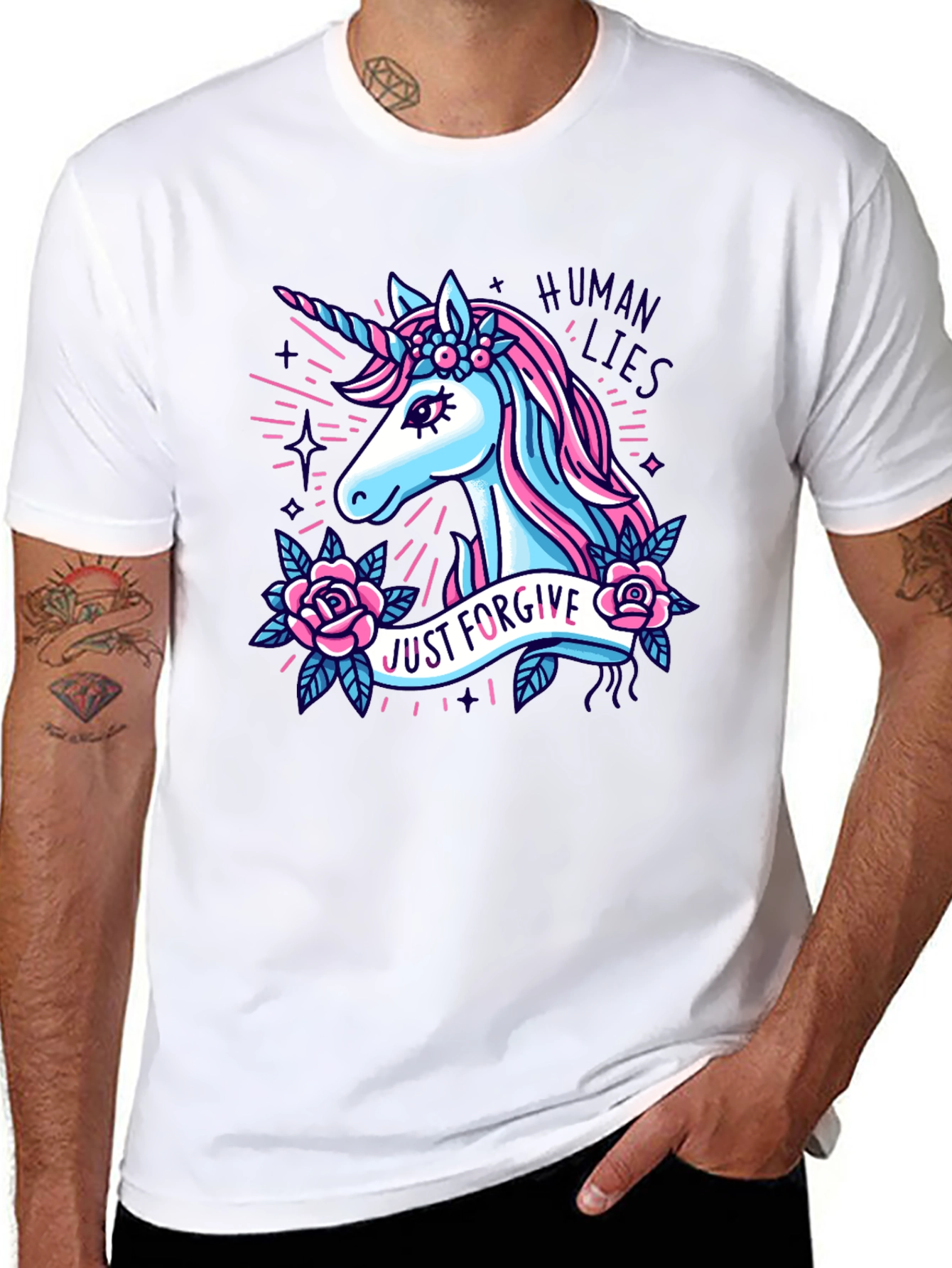 Black Unicorn Graphic T-Shirt - "Just Forgive Human Lies" view 8