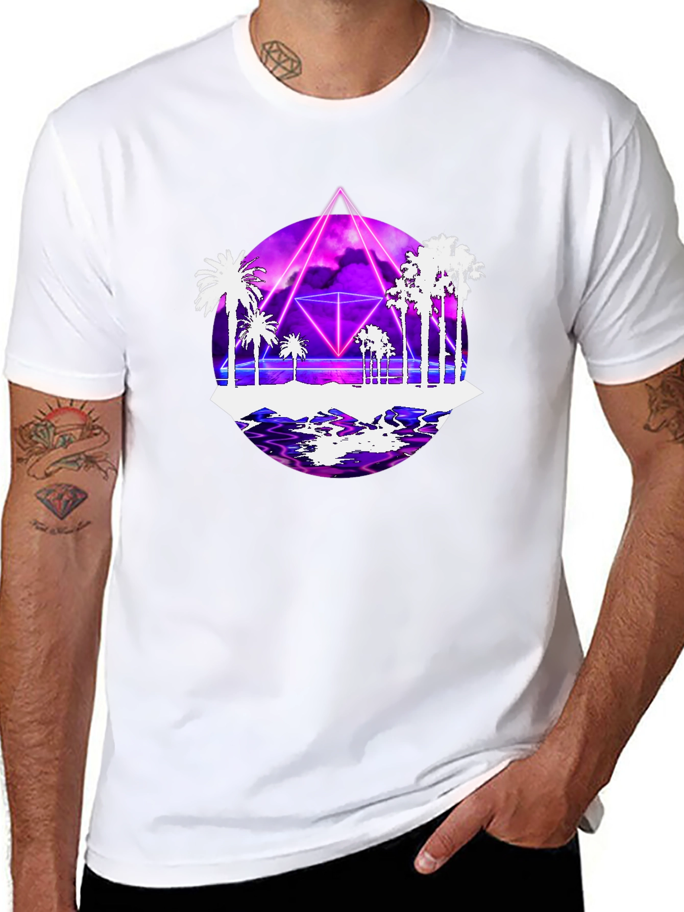 Black Retro Wave Tee: Synthwave Palm Tree Design view 8