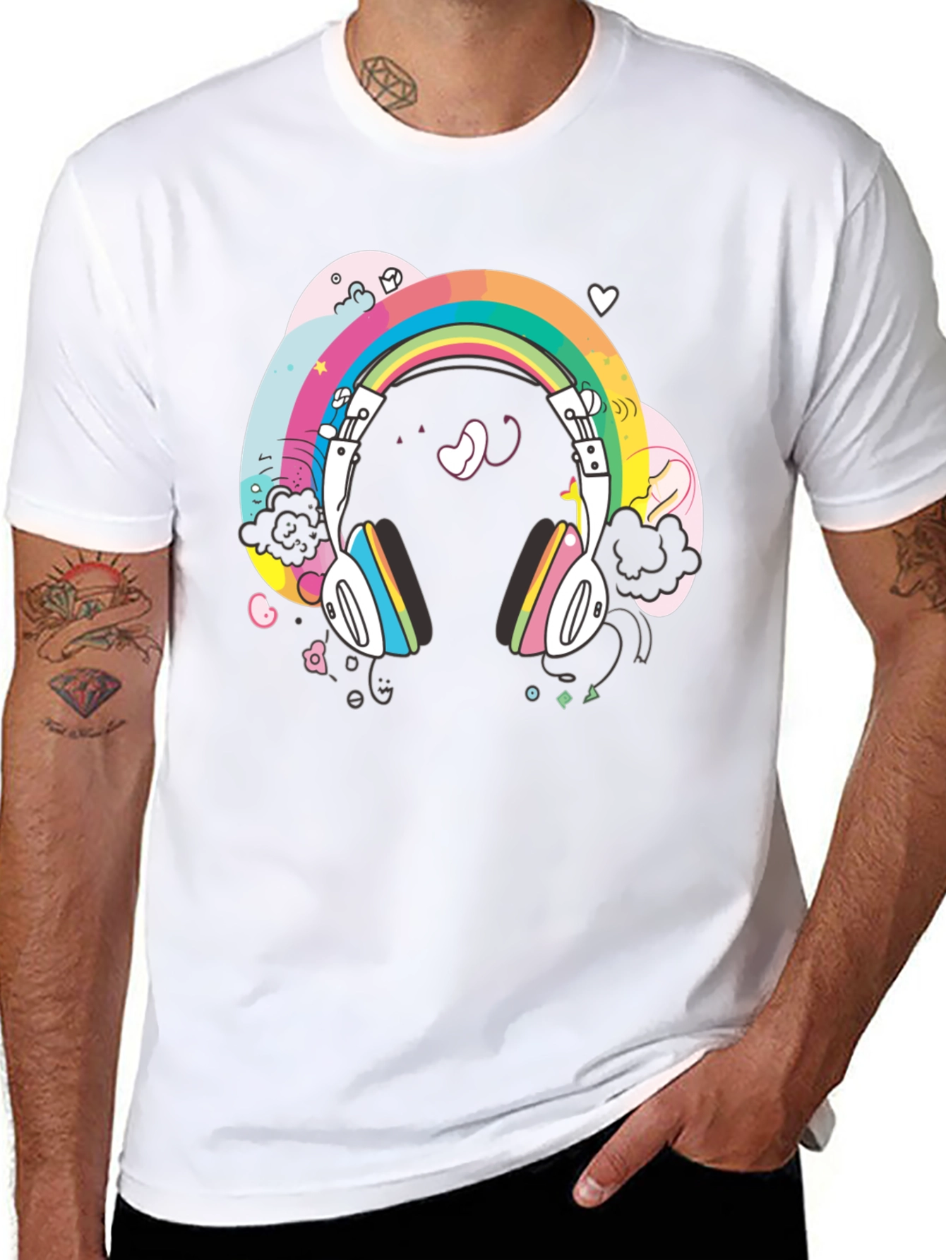 Black Rainbow Headphones Graphic Tee - Black Cotton T-Shirt view 8
