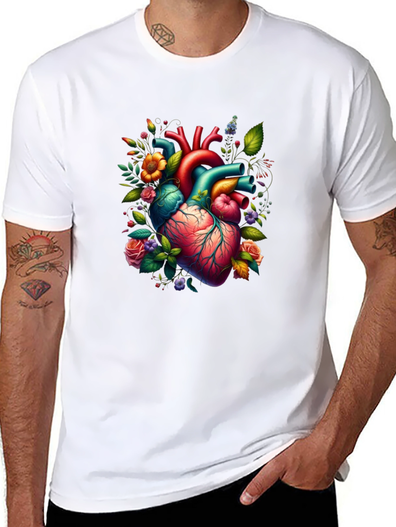 Black Anatomical Heart Floral Graphic T-Shirt view 8