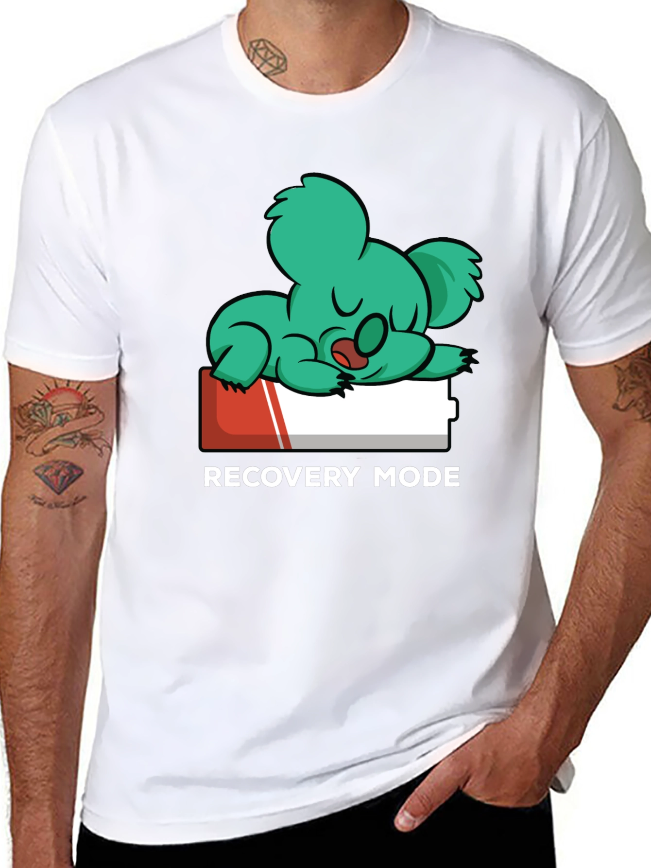 Black Recovery Mode T-Shirt: Sleepy Koala on Low Battery view 8