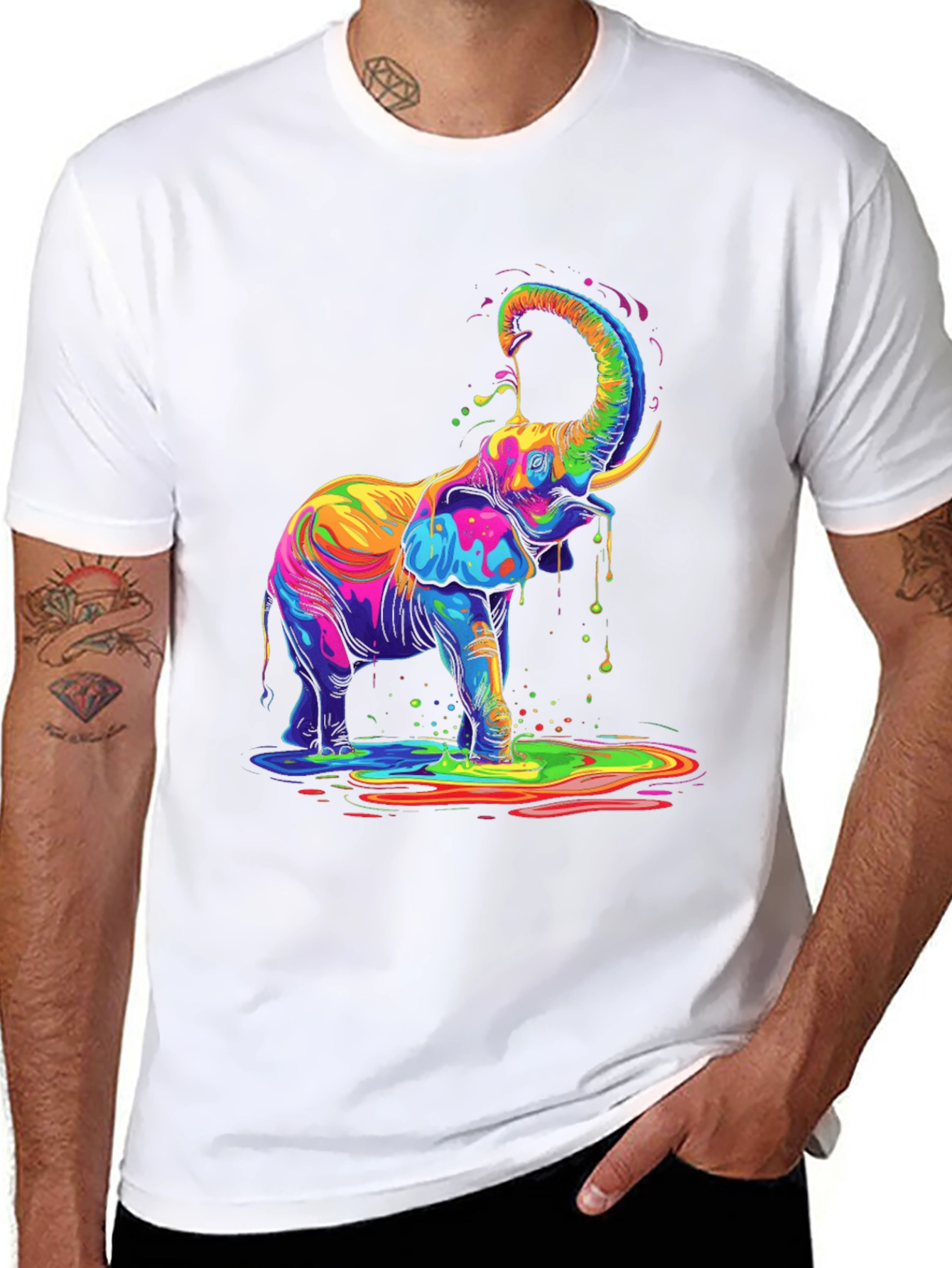 Black Colorful Elephant Graphic Tee - Black Cotton T-Shirt view 8