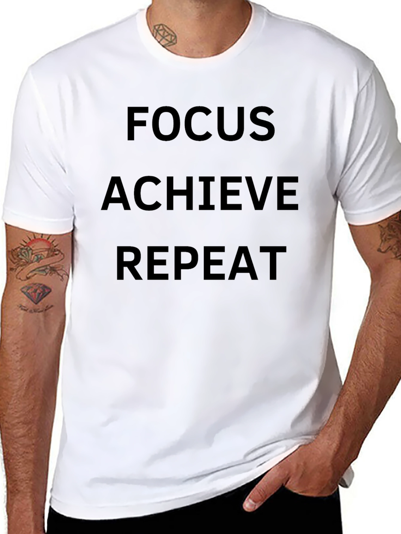 Black Focus Achieve Repeat - Motivational Black T-Shirt view 8