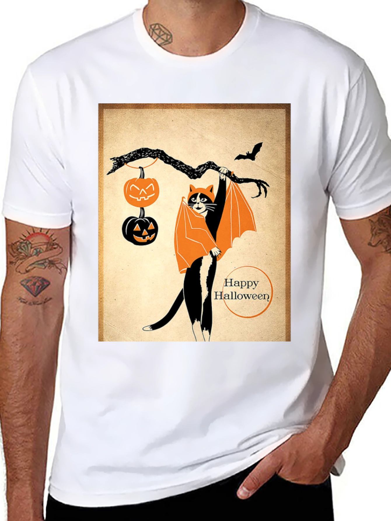 Black Halloween Cat T-Shirt Bat Costume Pumpkins view 8