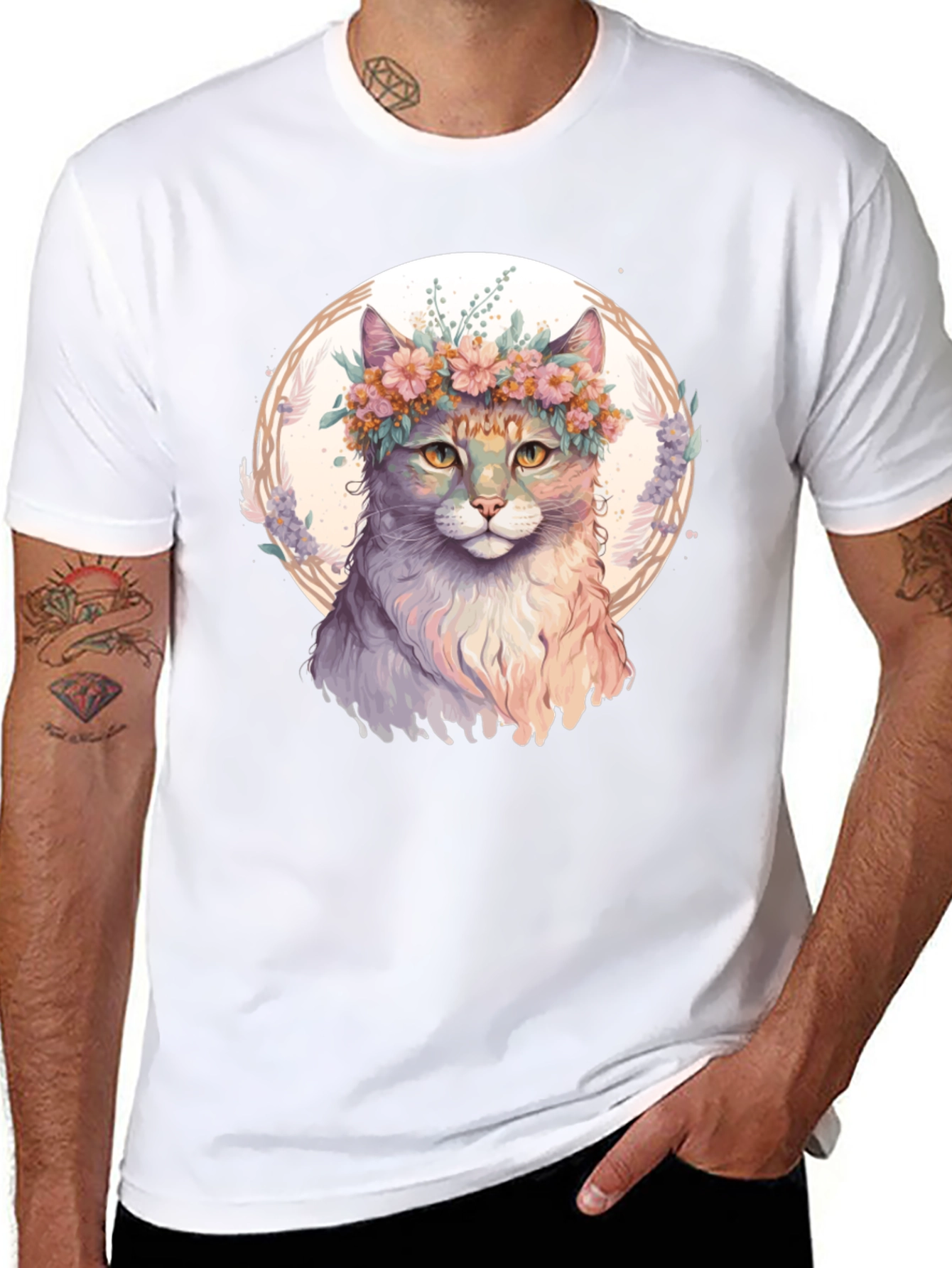 Black Cat Flower Crown Graphic Black T-Shirt view 8