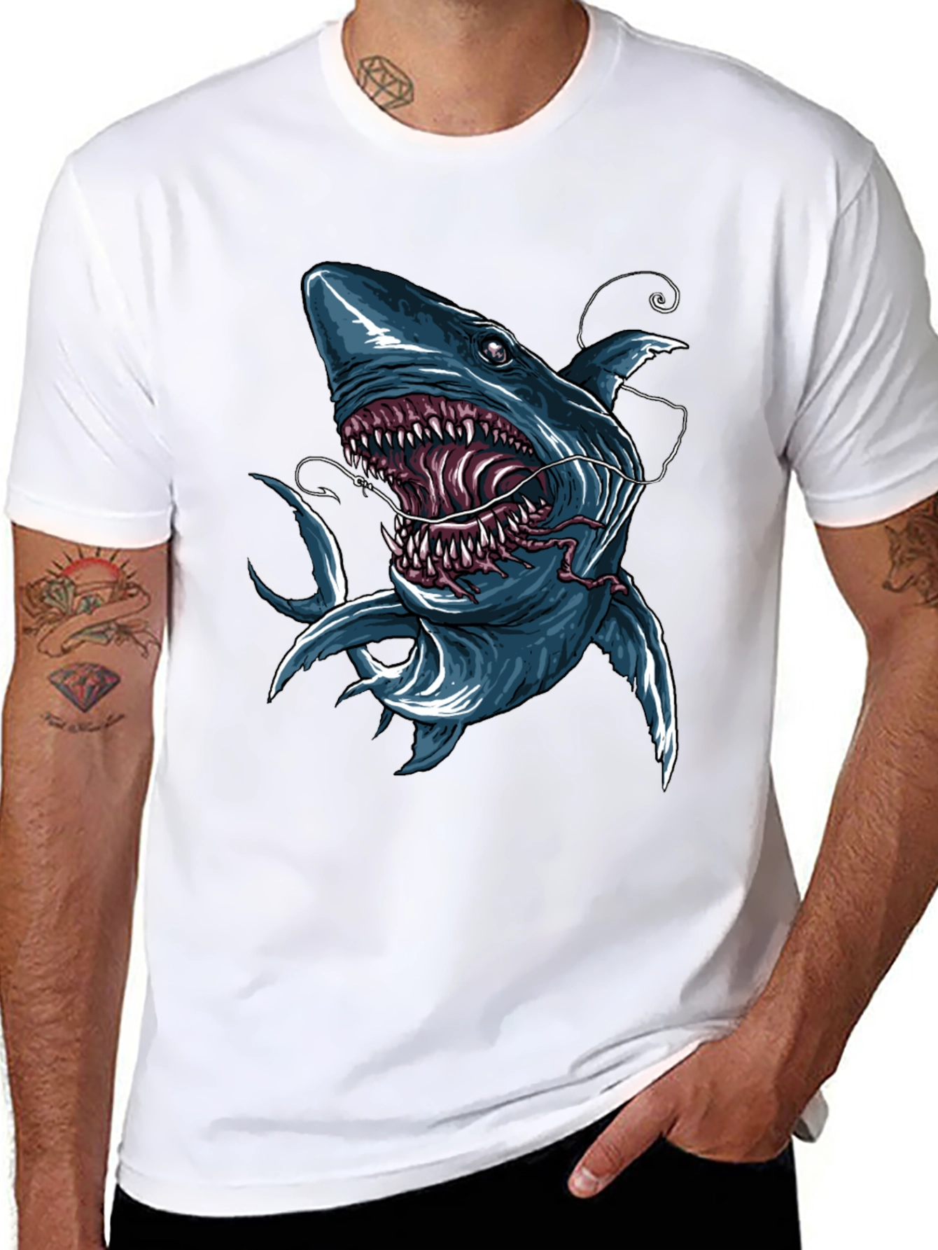 Black Men's Shark Graphic Print Black T-Shirt view 8