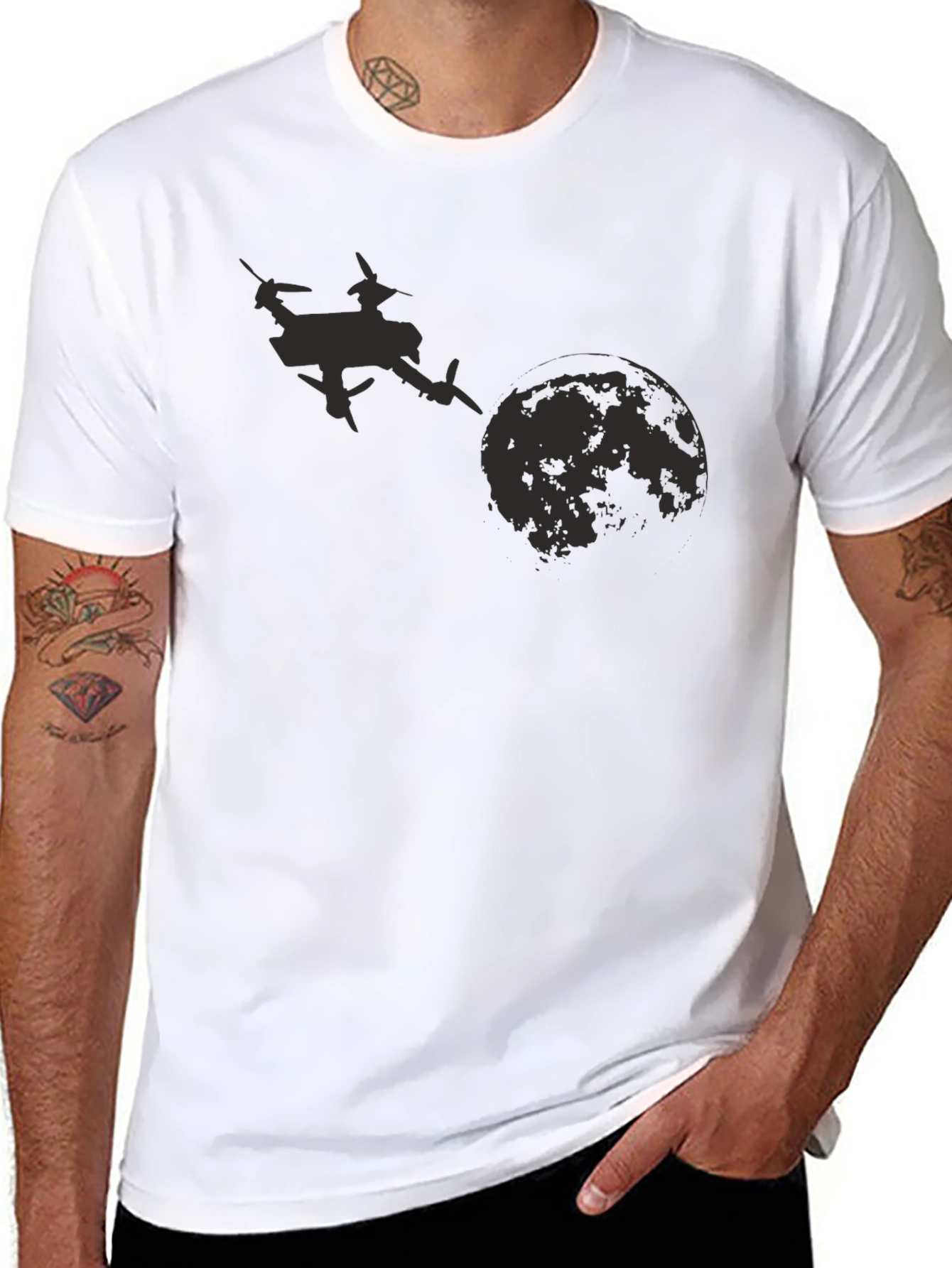 Black Drone Moon Graphic Tee - Black Cotton T-Shirt view 8