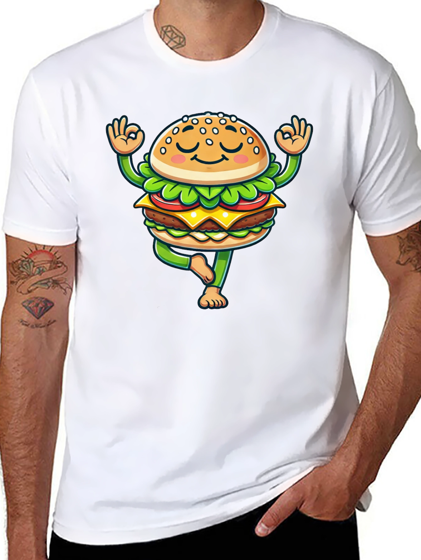 Black Yoga Burger T-Shirt - Meditating Fast Food Tee view 8