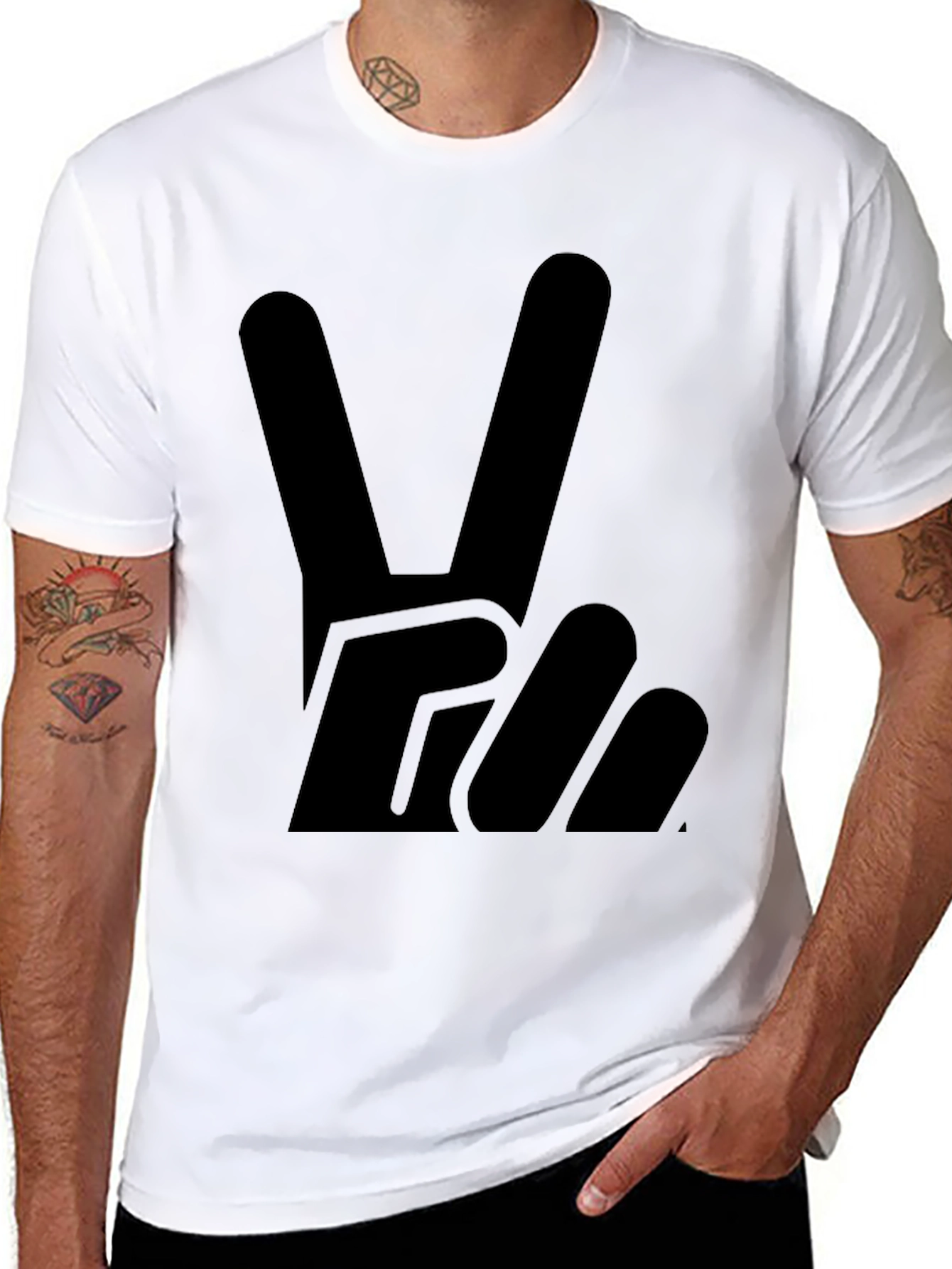 Black Peace Sign Graphic Tee - Solid Black Cotton T-Shirt view 8