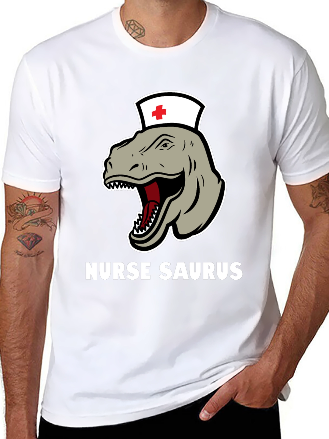 Black Nurse Saurus T-Shirt - Funny Dinosaur RN Tee view 8