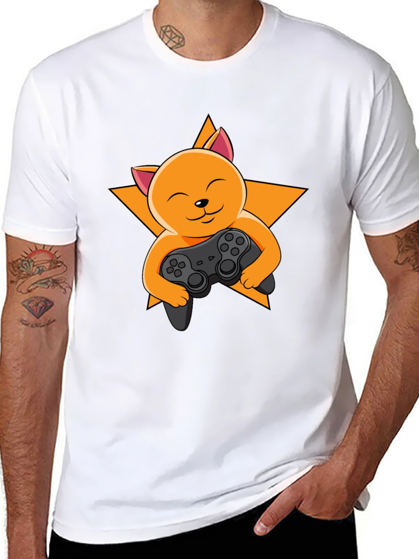 Black Gamer Cat T-Shirt - Black Cotton Tee view 8