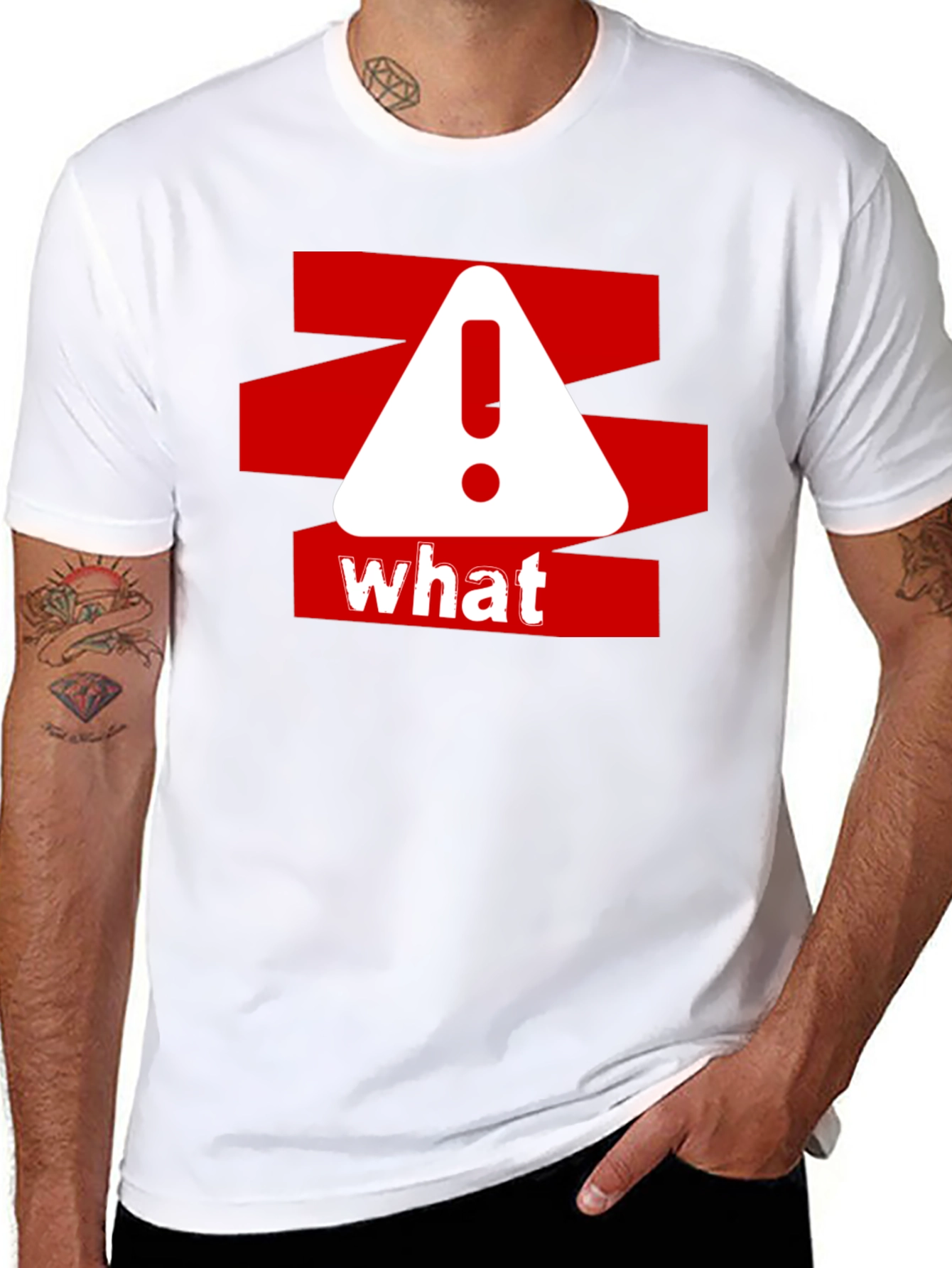 Black What? Graphic Tee - Red and White Warning Design on Black Cotton Shirt view 8