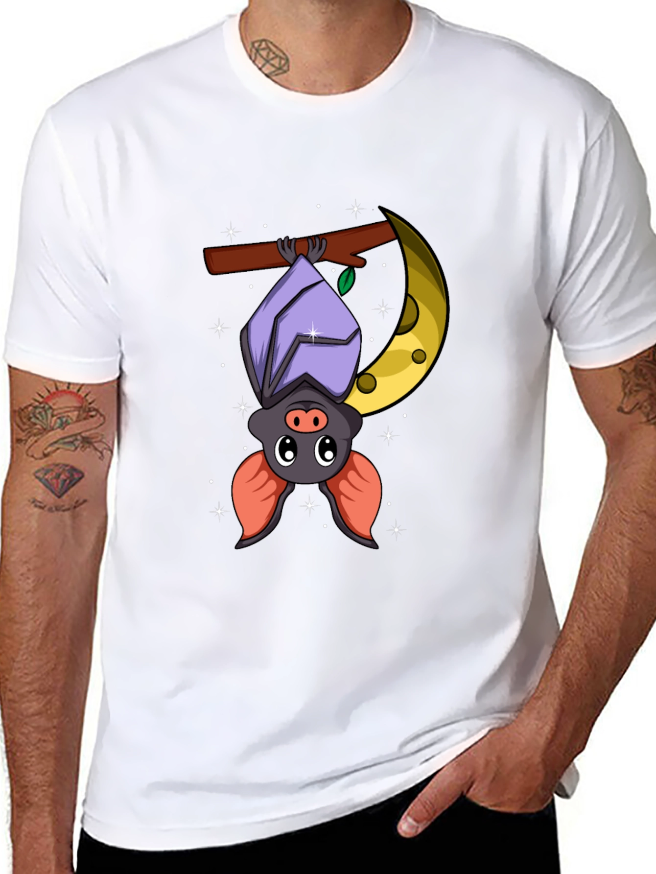 Black Cute Bat on Moon Graphic Tee - Black Cotton T-Shirt view 8