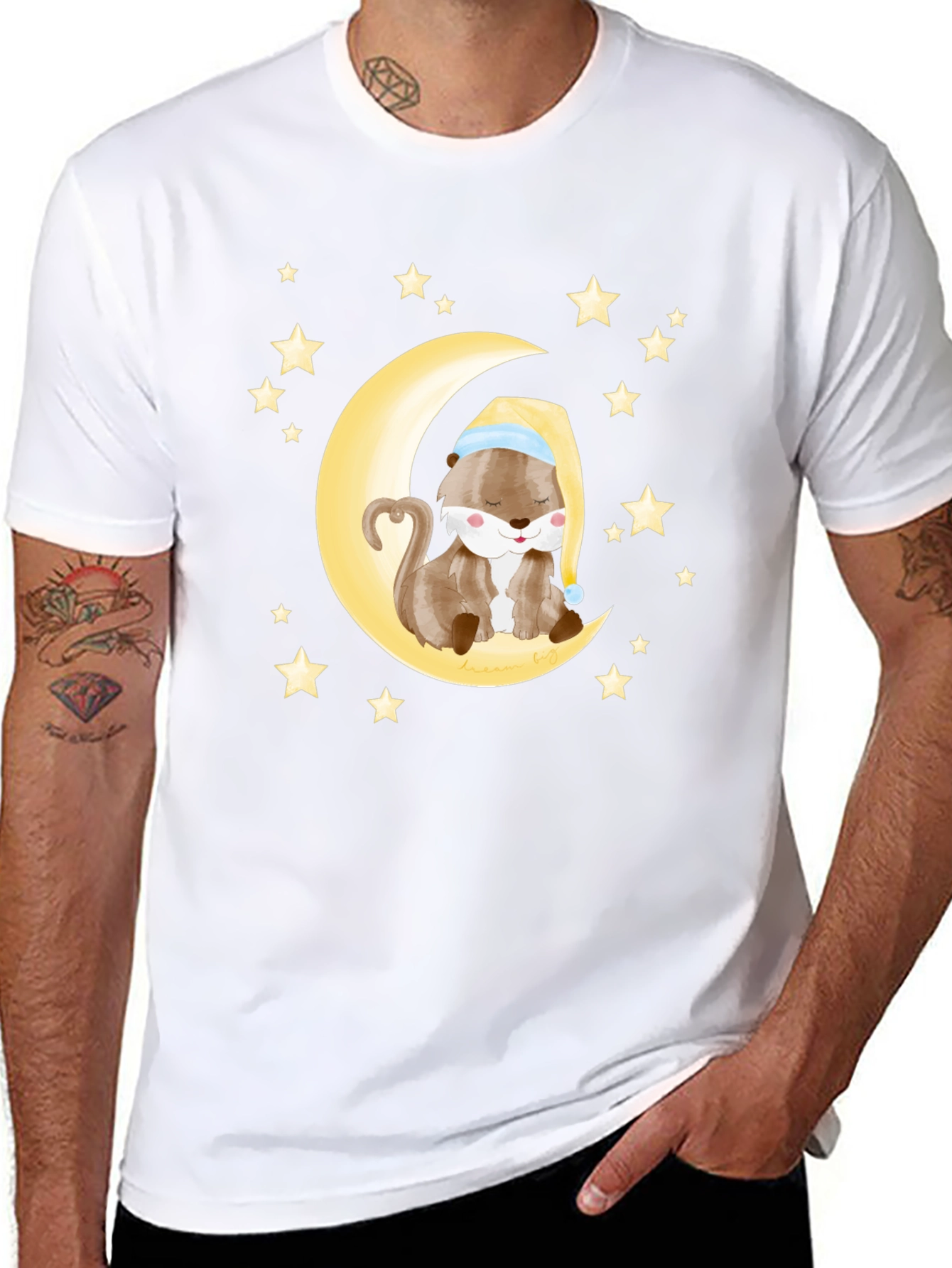 Black Otter Sleeping on Moon Graphic Tee - Black Cotton view 8