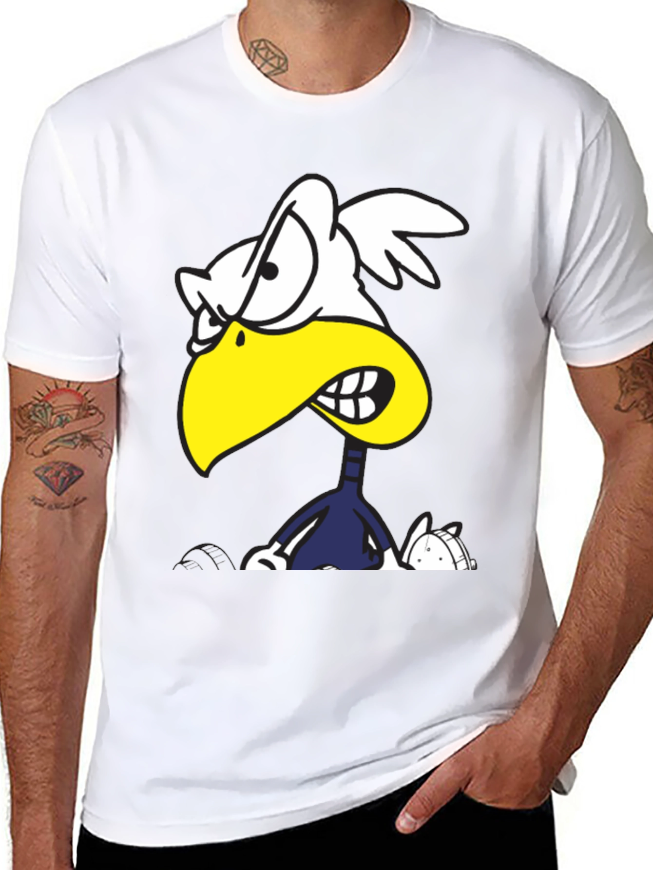 Black Angry Cartoon Bird Graphic Tee - Black Cotton T-Shirt view 8