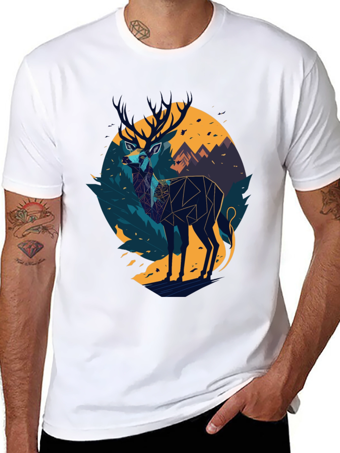 Black Geometric Deer Graphic Black T-Shirt view 8