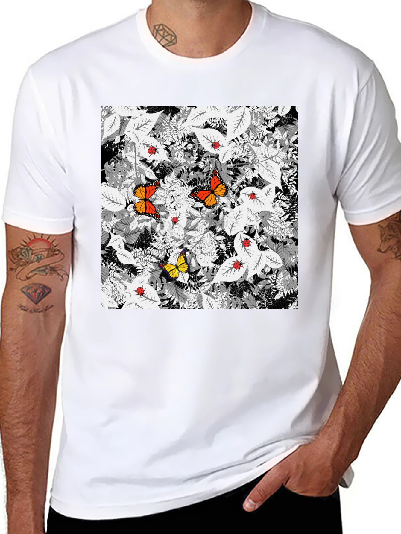 Black Butterfly & Ladybug Graphic Print Black T-Shirt view 8