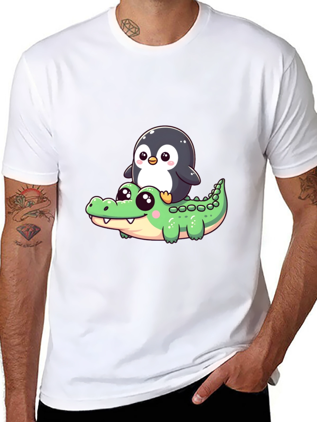 Black Cute Penguin Riding Alligator Graphic Tee - Black view 8