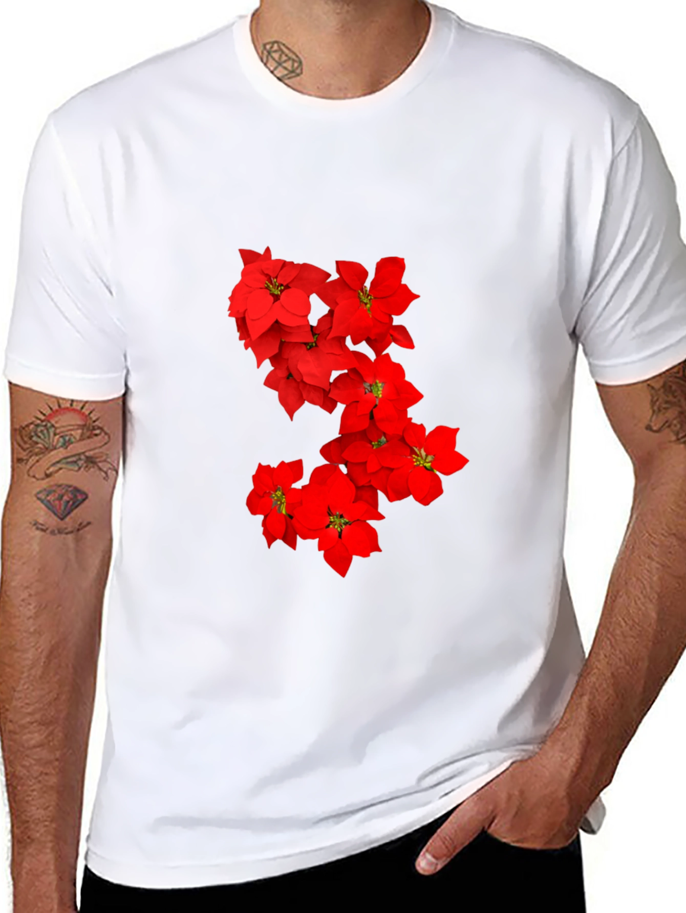 Black Red Floral Print Black T-Shirt for Men view 8