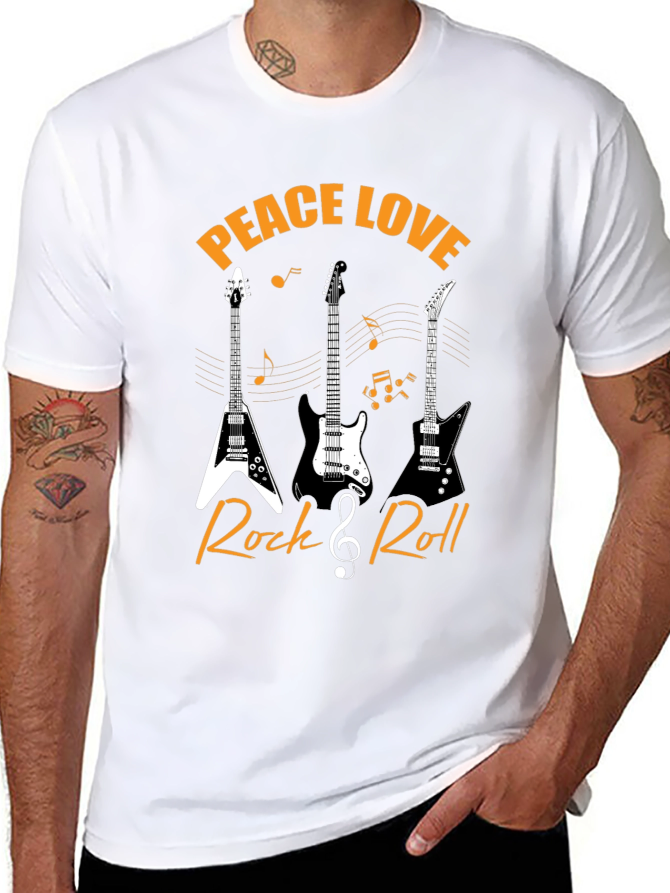Black Peace Love Rock & Roll Guitar T-Shirt view 8