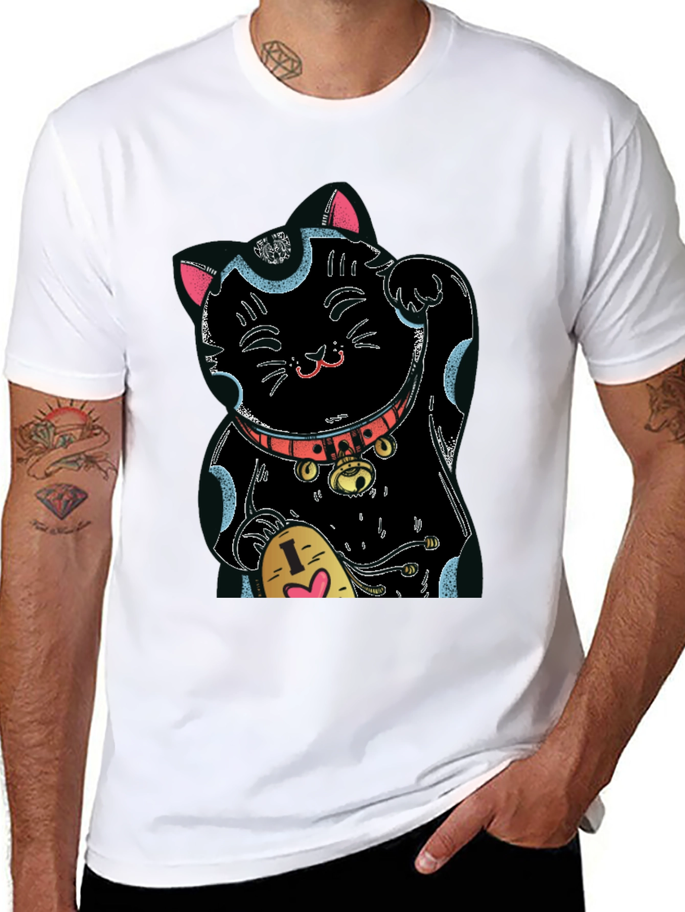 Black Lucky Cat Graphic Tee - Black Cotton Blend view 8