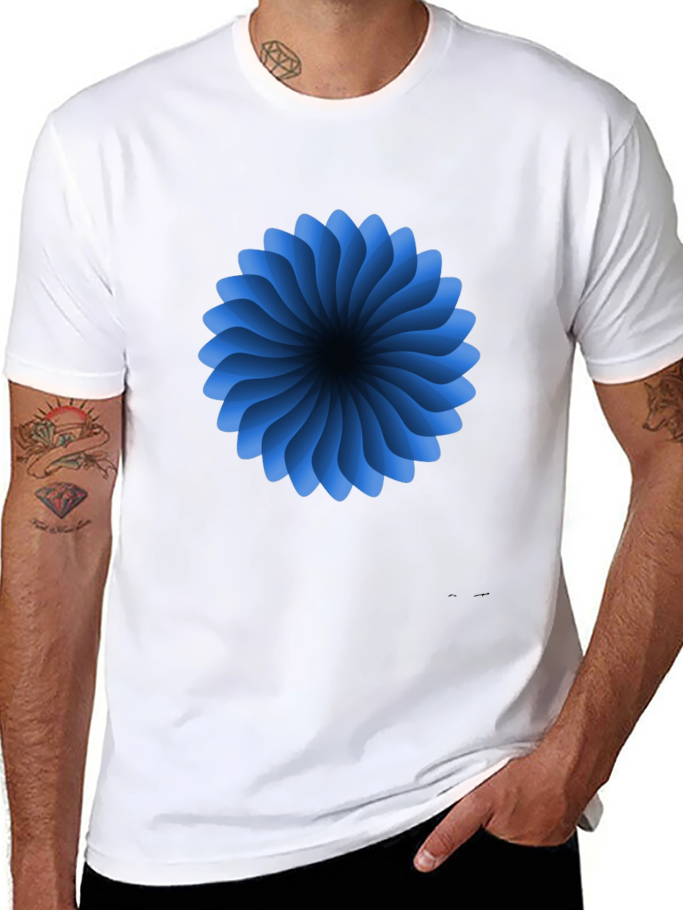 Black Abstract Blue Flower Graphic Black T-Shirt view 8
